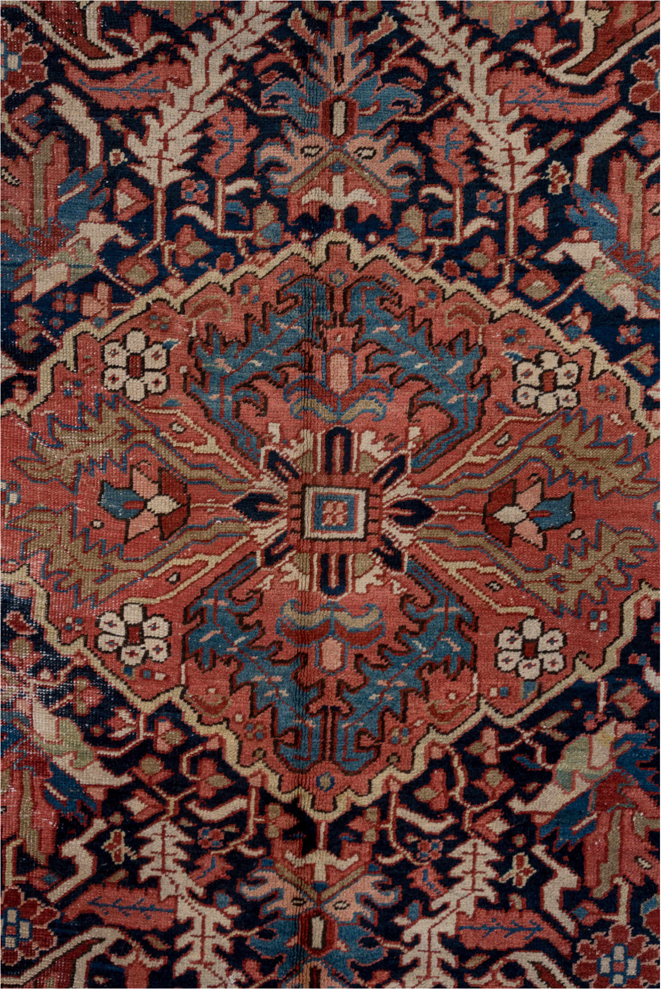 8' x 12' one-of-a-kind handmade vintage Heriz large size rug. Color palette: arapawa, blue, brown, dim gray, fiord, gray