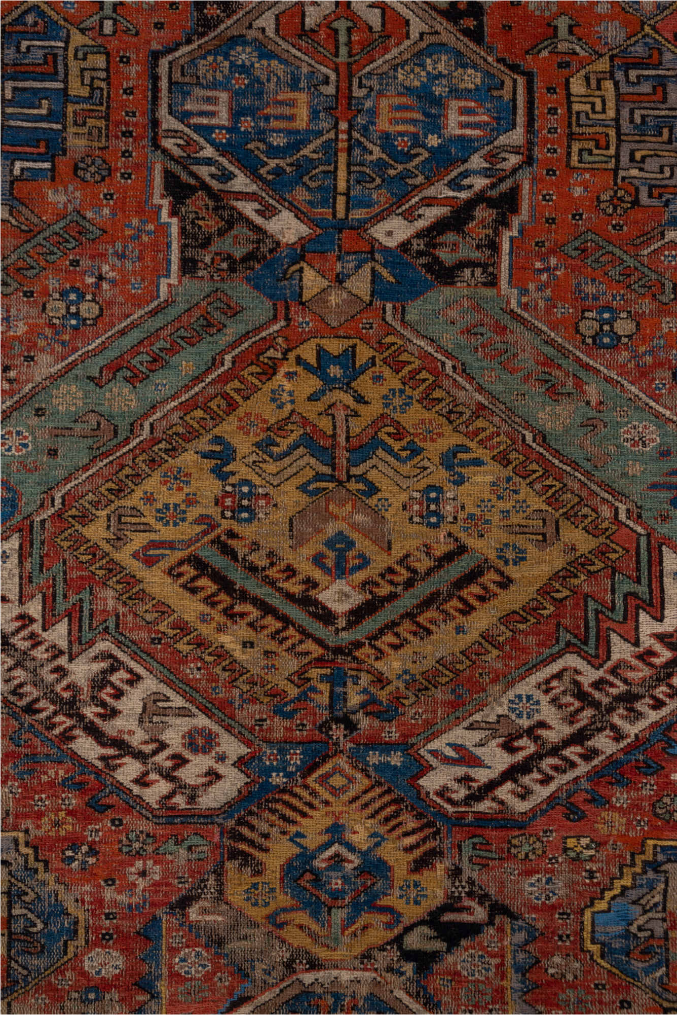 6' x 10' one-of-a-kind handmade vintage Sumak large size rug. Color palette: black, blue, brown, charcoal, dark gray, gray
