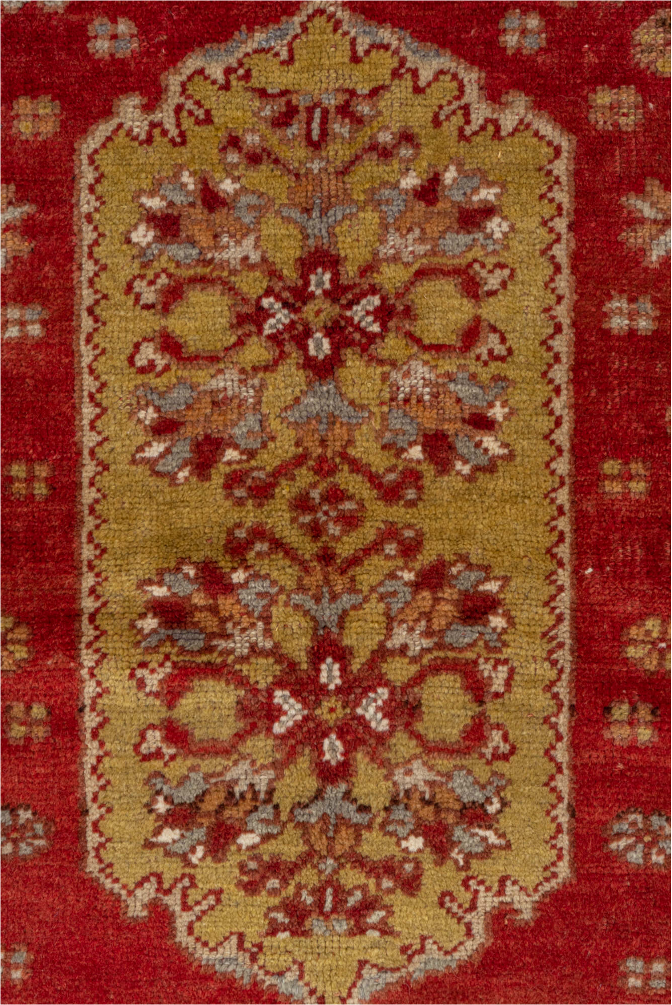 3' x 5' one-of-a-kind handmade vintage Oushak small size rug. Color palette: brown, red, pink, sienna, fire brick, dark red