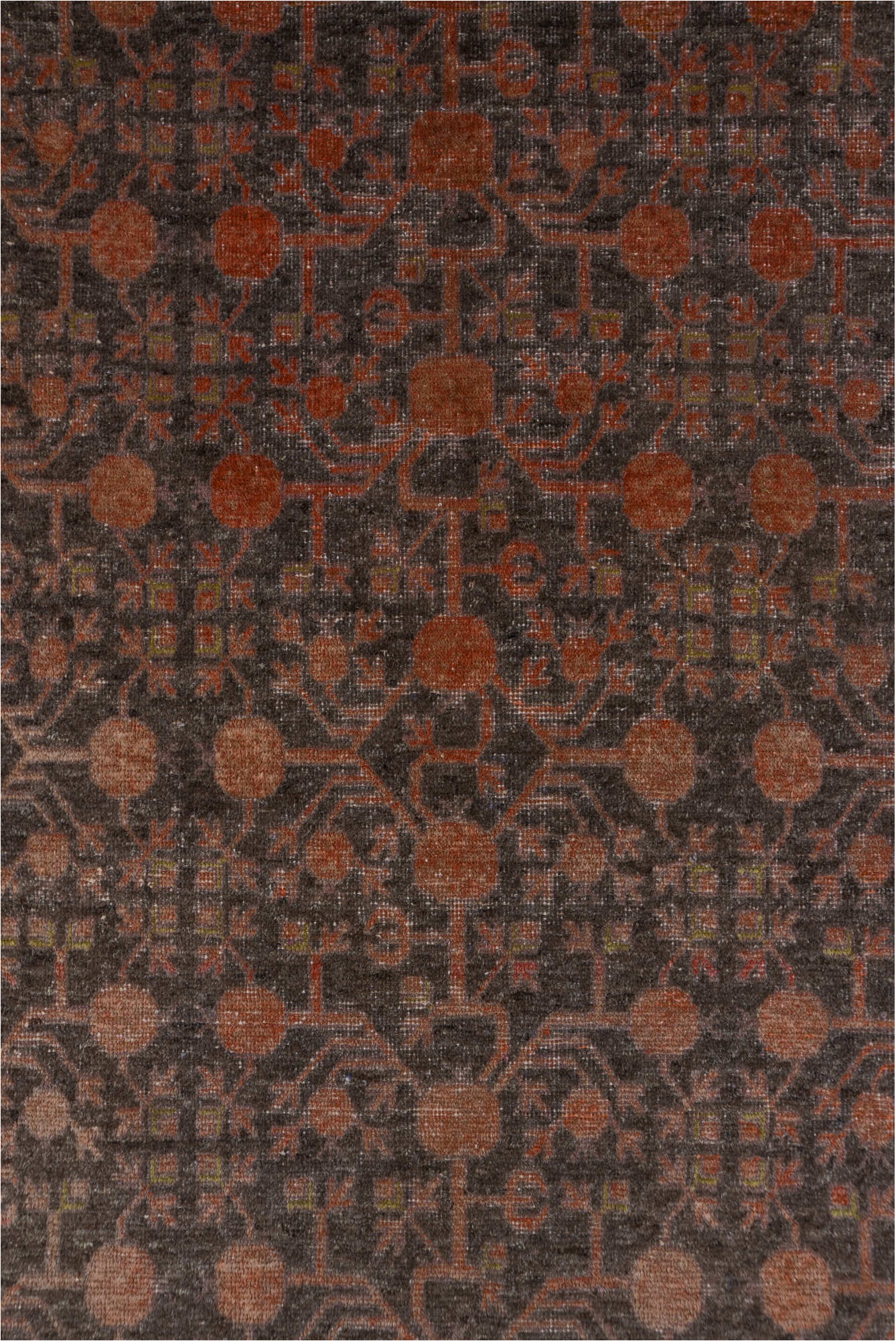 6' x 12' one-of-a-kind handmade vintage Khotan large size rug. Color palette: brown, gray, light gray, pink, red, rosy brown