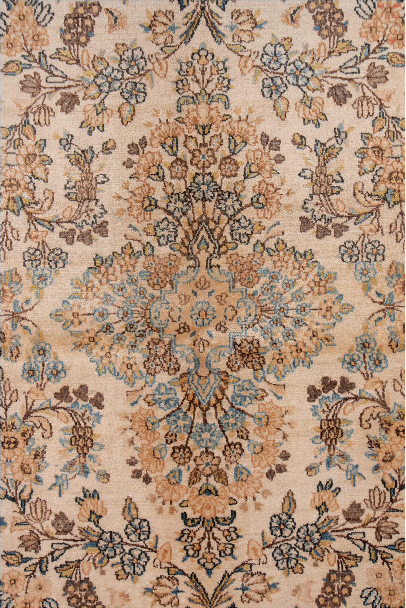 6' x 8' one-of-a-kind handmade vintage Kerman medium size rug. Color palette: brown, gray, pink, tan