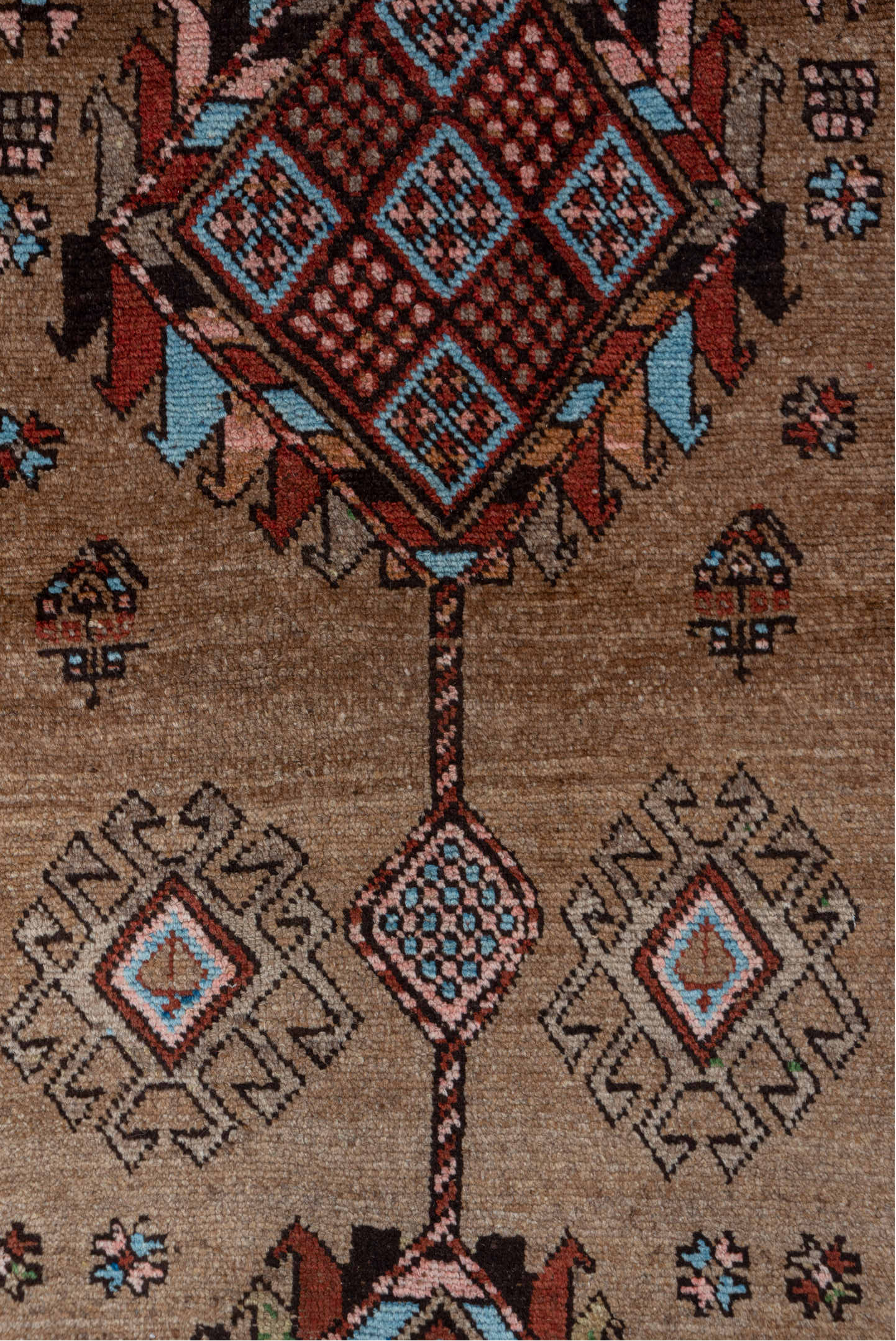 2' x 13' one-of-a-kind handmade vintage NW Persian runner rug. Color palette: pink, brown, gray, blue, red, off-white, fiord