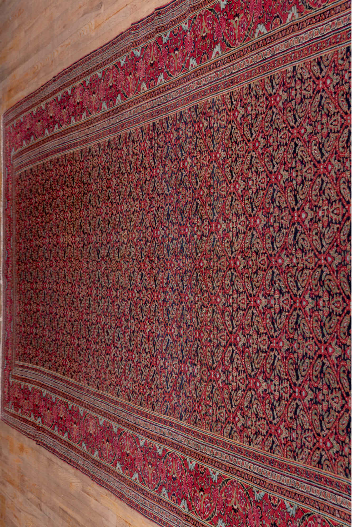 7' x 20' one-of-a-kind handmade vintage Khorassan rug. Color palette: brown, gray, pink, red, redwood