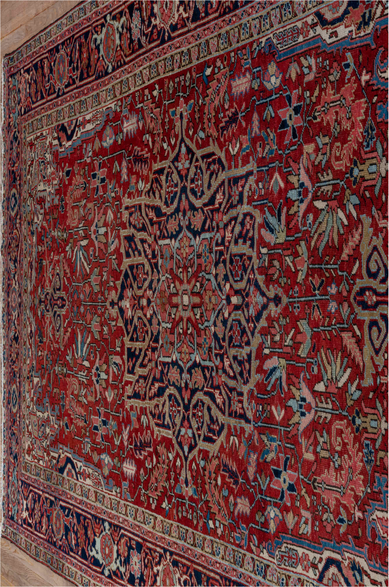 7' x 10' one-of-a-kind handmade vintage Heriz large size rug. Color palette: blue, brown, dim gray, gray, light gray