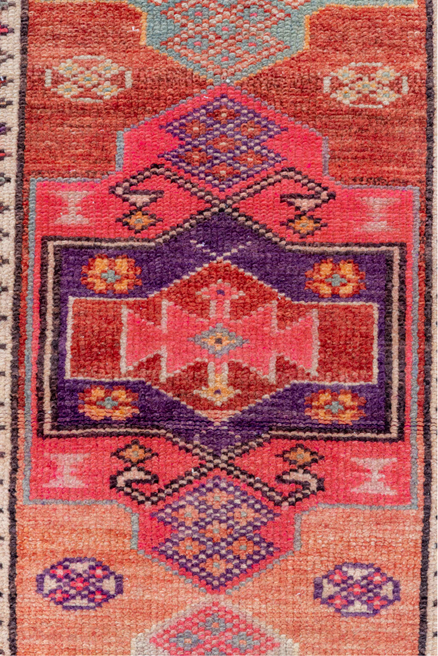 2' x 10' one-of-a-kind handmade vintage Oushak runner rug. Color palette: red, pink, brown, gray, indian red