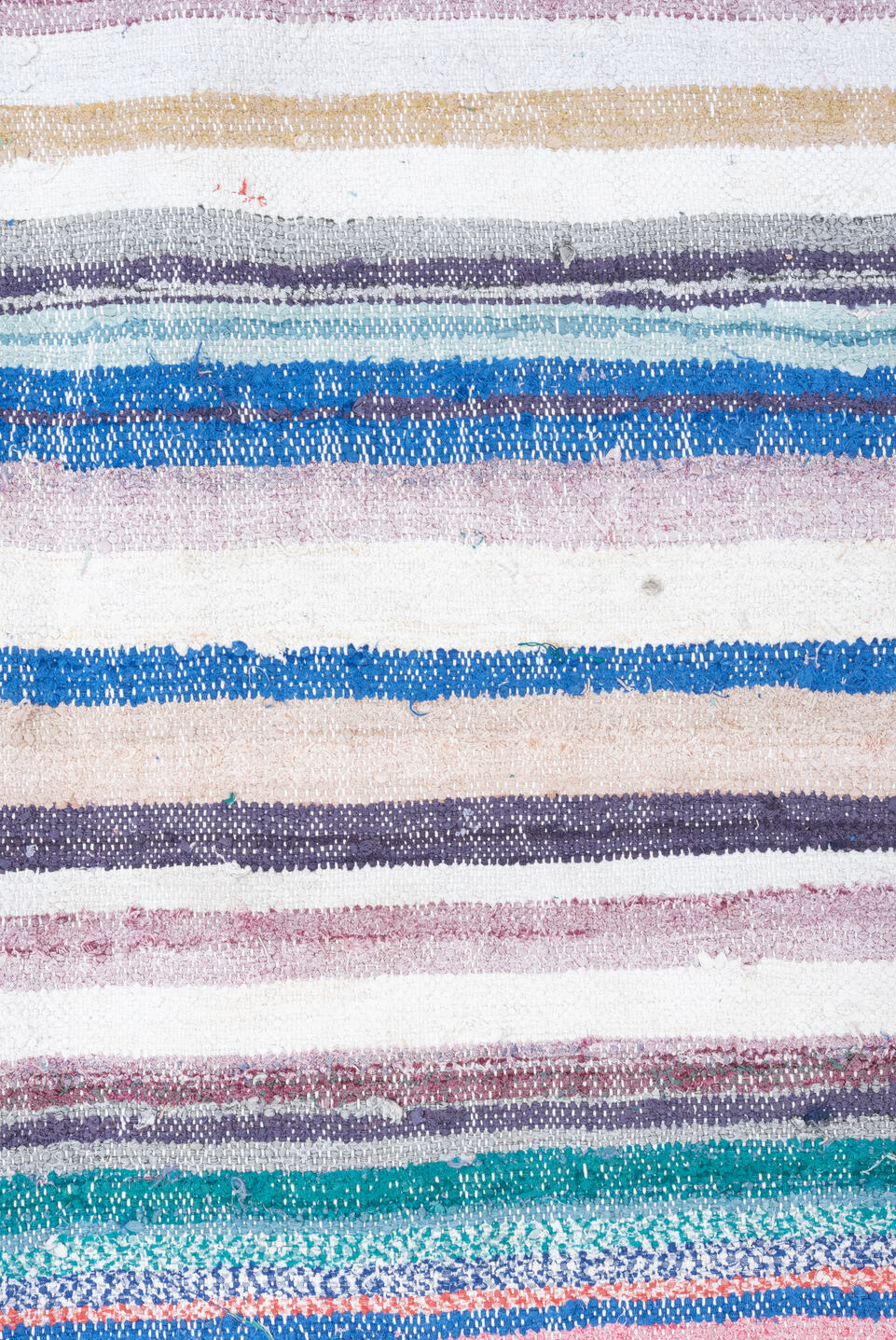 8' x 10' one-of-a-kind handmade vintage Rag Rug large size rug. Color palette: light blue, off-white, gray, light gray, pink