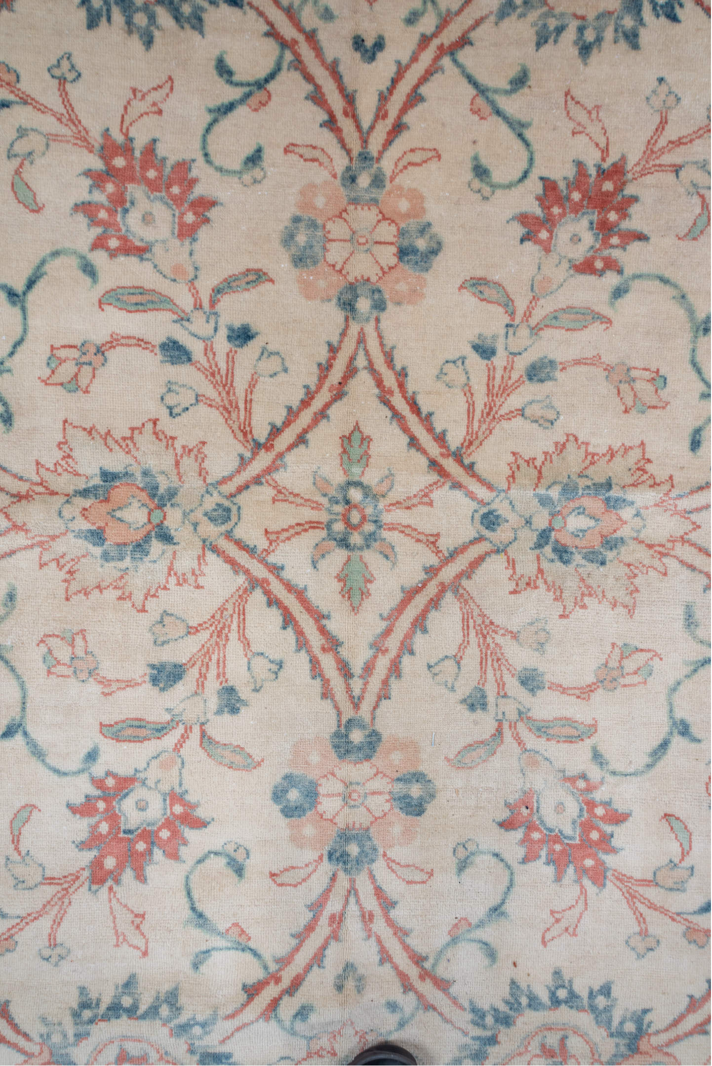 12' x 19' one-of-a-kind handmade vintage Distressed oversize rug. Color palette: pink, gray, off-white, orange, brown