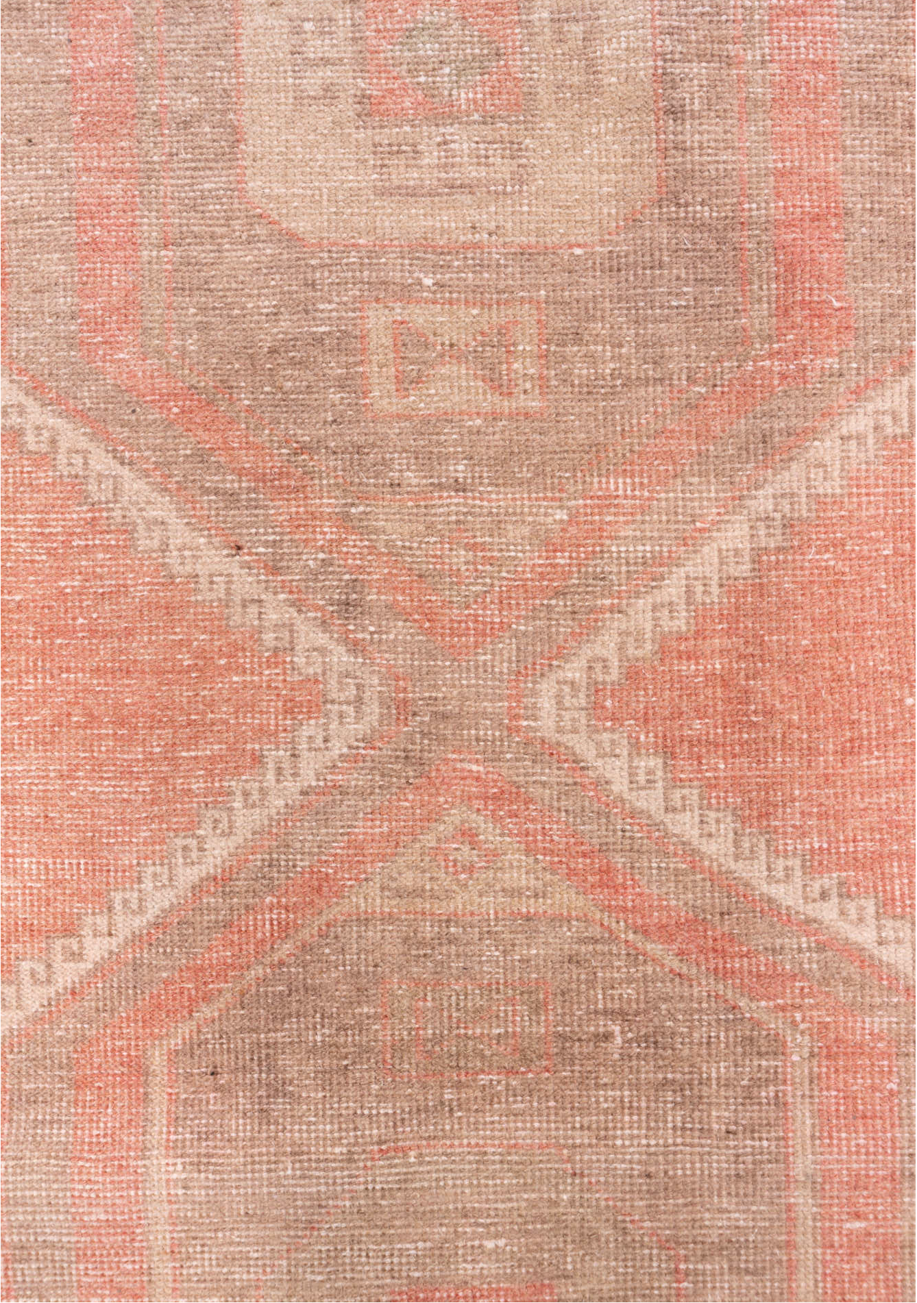 3' x 11' one-of-a-kind handmade vintage Oushak runner rug. Color palette: brown, off-white, orange, pink, snow, white