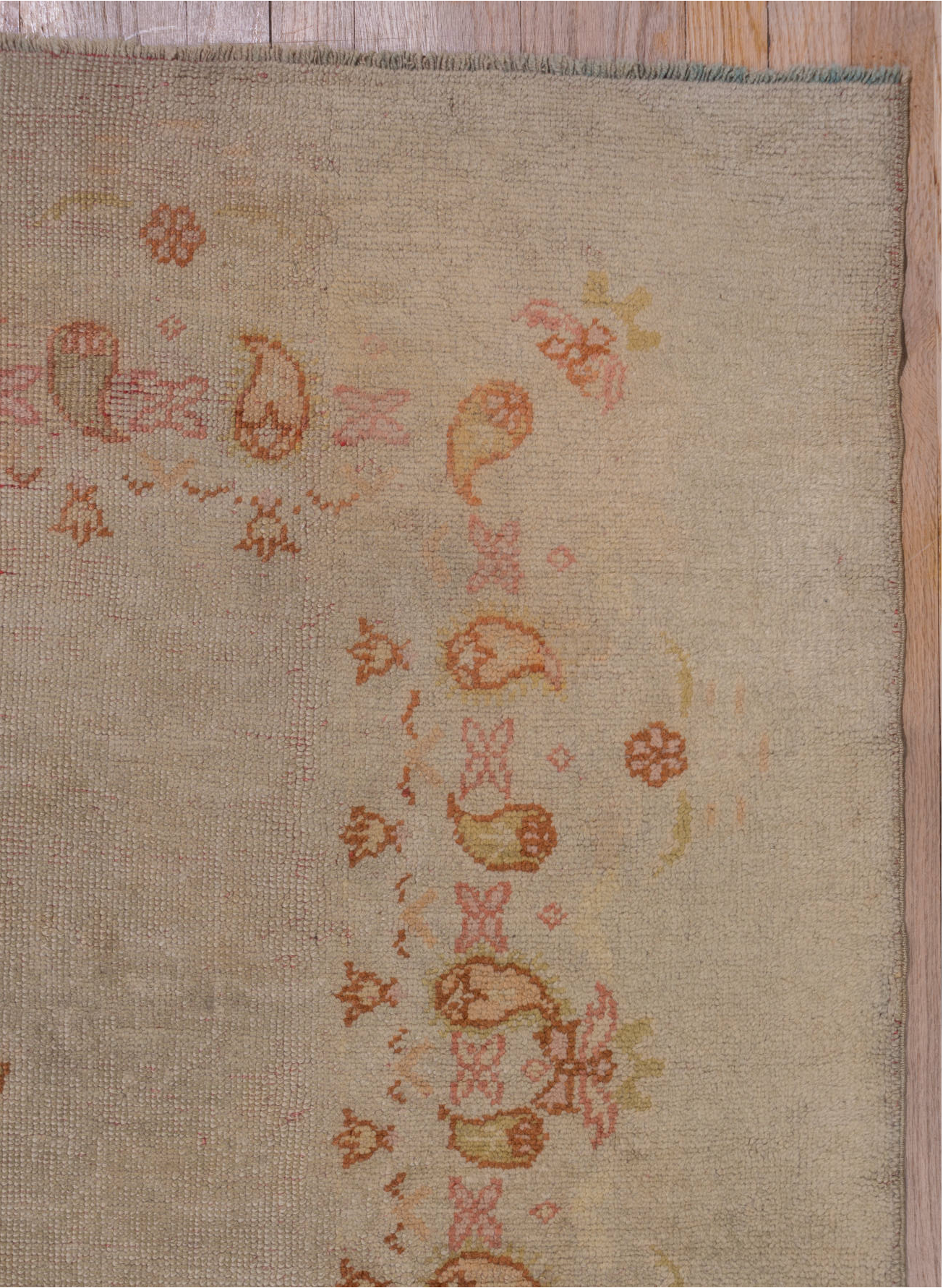 9' x 12' one-of-a-kind handmade vintage Oushak large size rug. Color palette: brown, gray, off-white, pink, snow, white