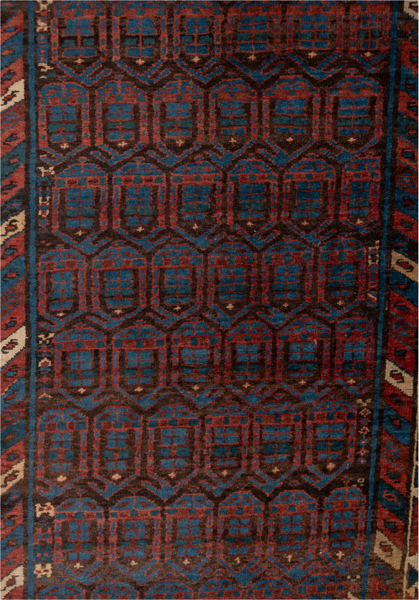 3' x 15' one-of-a-kind handmade vintage Sarab runner rug. Color palette: black, blue, brown, charcoal, gray, off-white, red