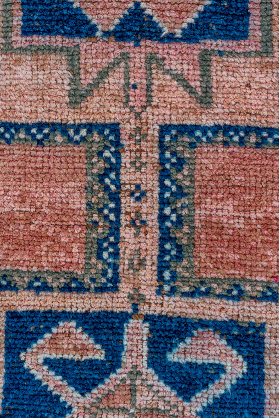 2' x 11' one-of-a-kind handmade vintage Kars runner rug. Color palette: brown, pink, gray, blue, black, light blue