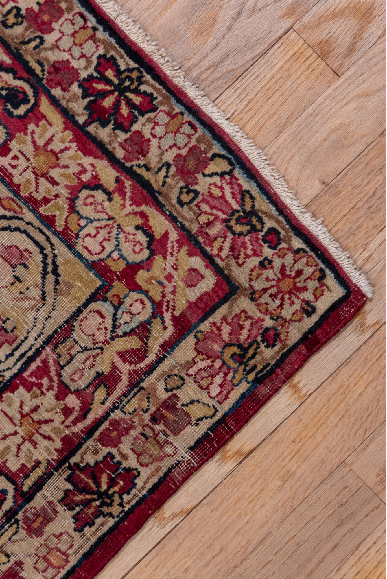 9' x 11' one-of-a-kind handmade vintage Lavar large size rug. Color palette: black, blue, brown, dim gray, gray, pink, red