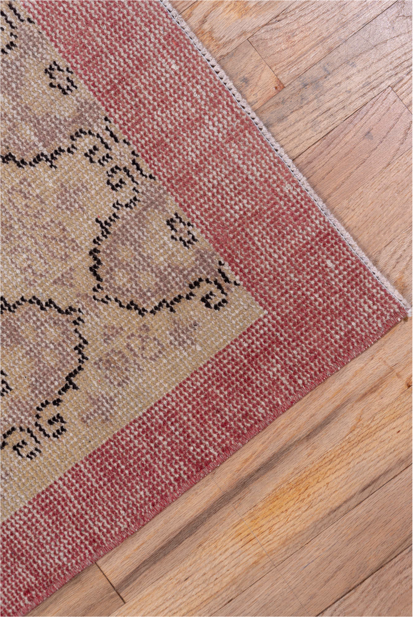 2' x 10' one-of-a-kind handmade vintage Oushak runner rug. Color palette: brown, gray, light gray, off-white, pink, red