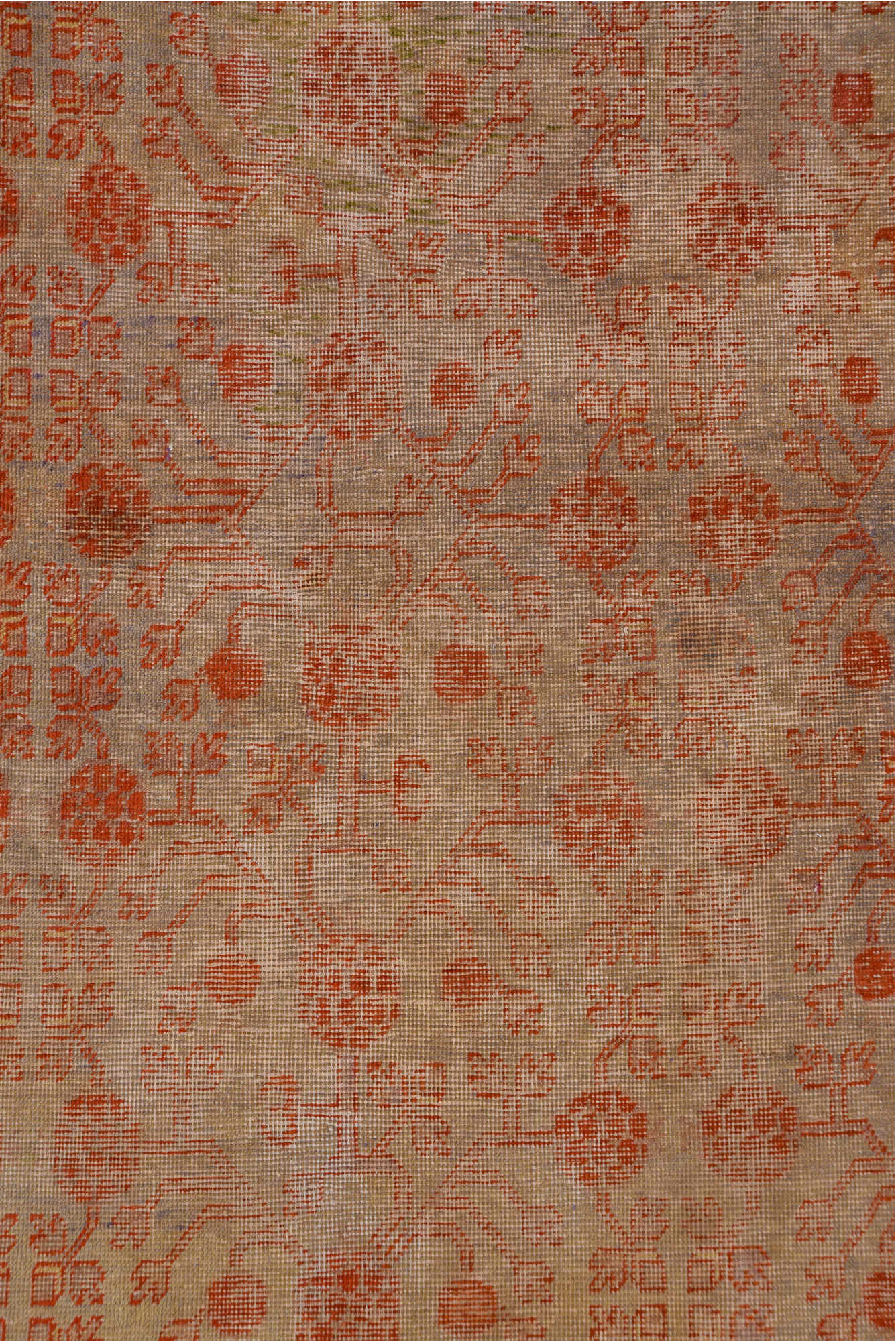 8' x 15' one-of-a-kind handmade vintage Khotan rug. Color palette: brown, pink, red