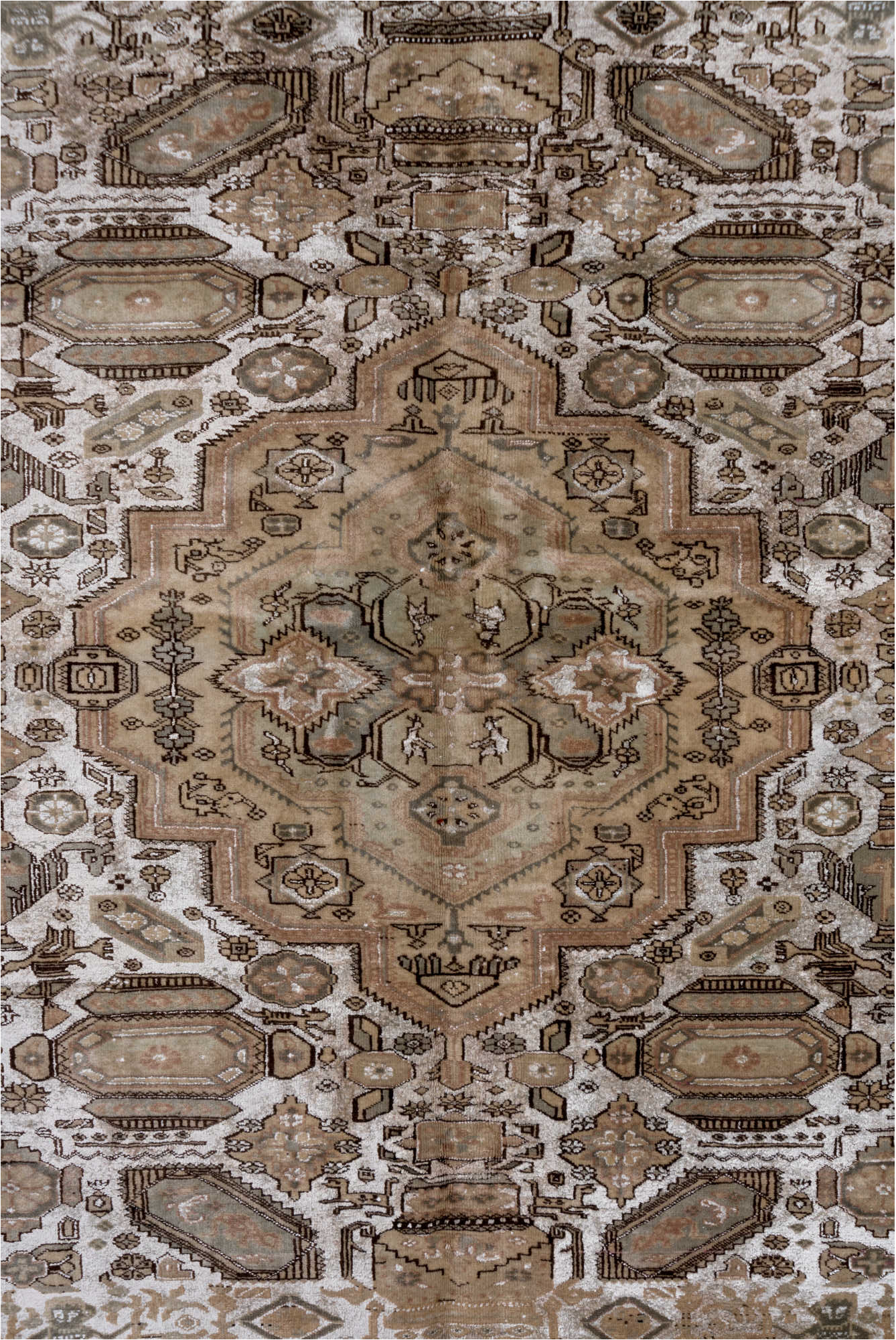 5' x 8' one-of-a-kind handmade vintage Kaisary medium size rug. Color palette: brown, dark gray, gainsboro, gray, light gray