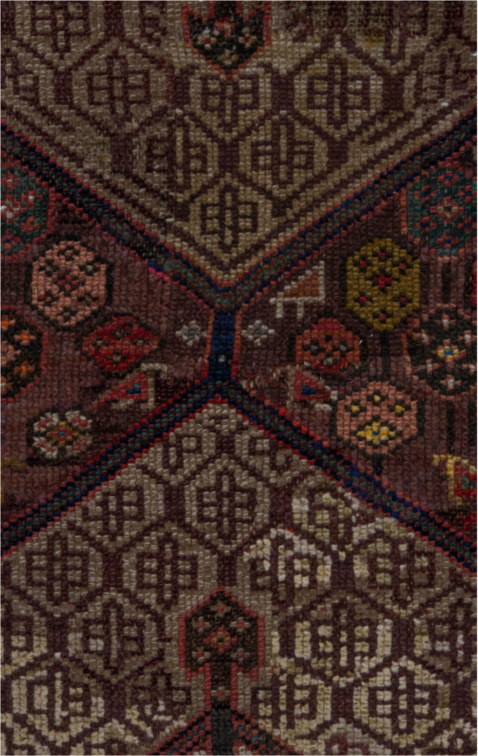 4' x 10' one-of-a-kind handmade vintage Cam Hamadan runner rug. Color palette: black, blue, brown, gray, pink, red, wine