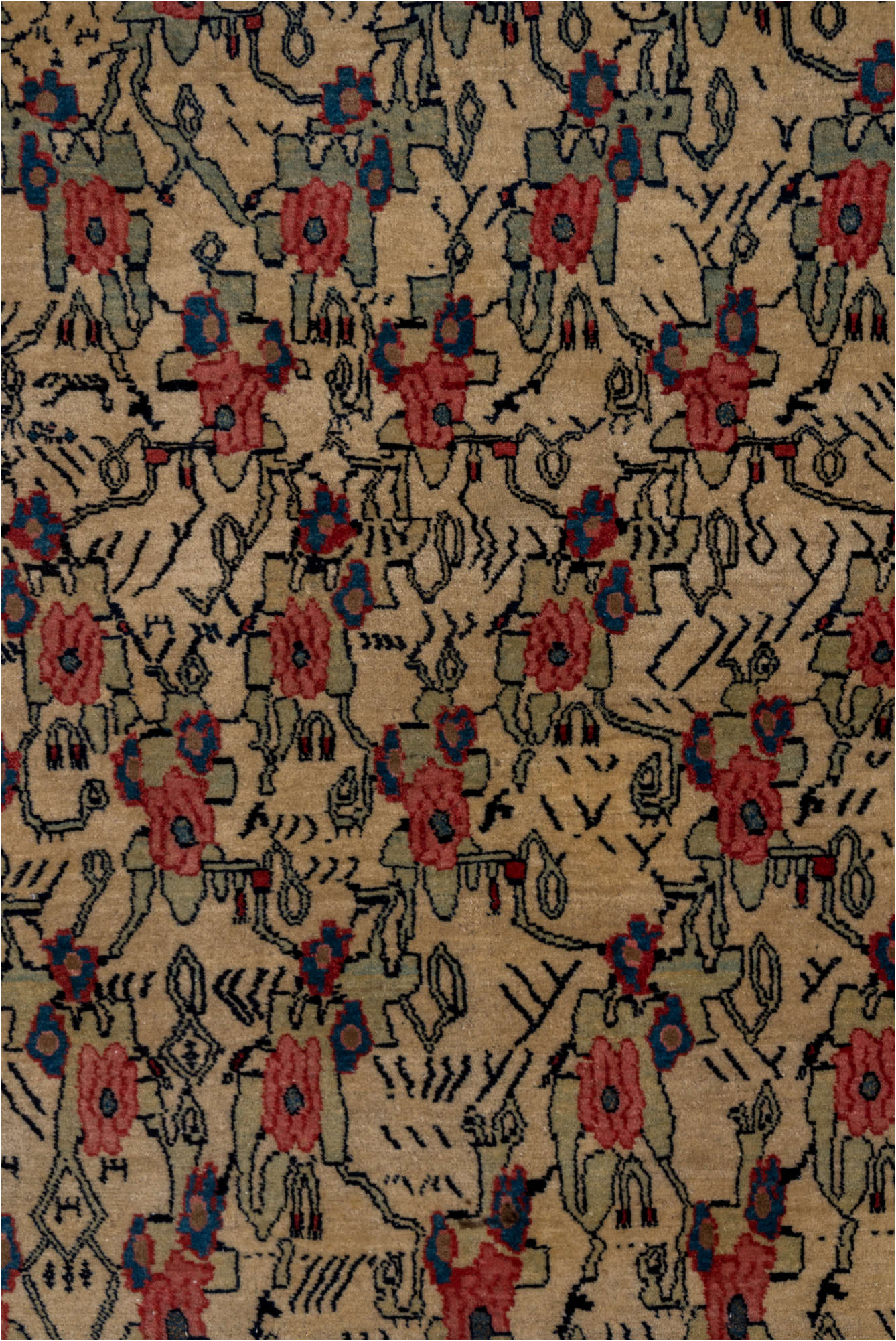 4' x 7' one-of-a-kind handmade vintage Bidjar rug. Color palette: arapawa, black, blue, brown, gray, off-white, pink, red