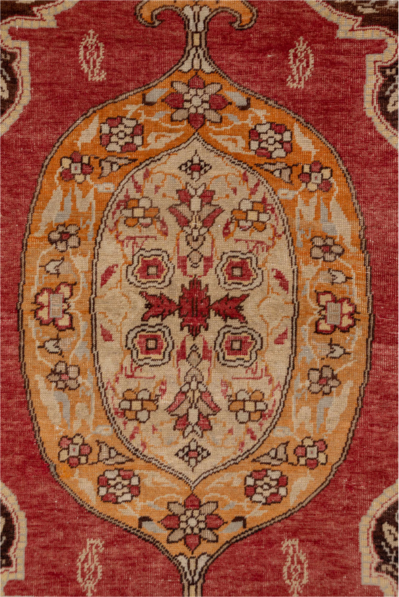 4' x 6' one-of-a-kind handmade vintage Oushak small size rug. Color palette: black, brown, pink, red, saddle brown