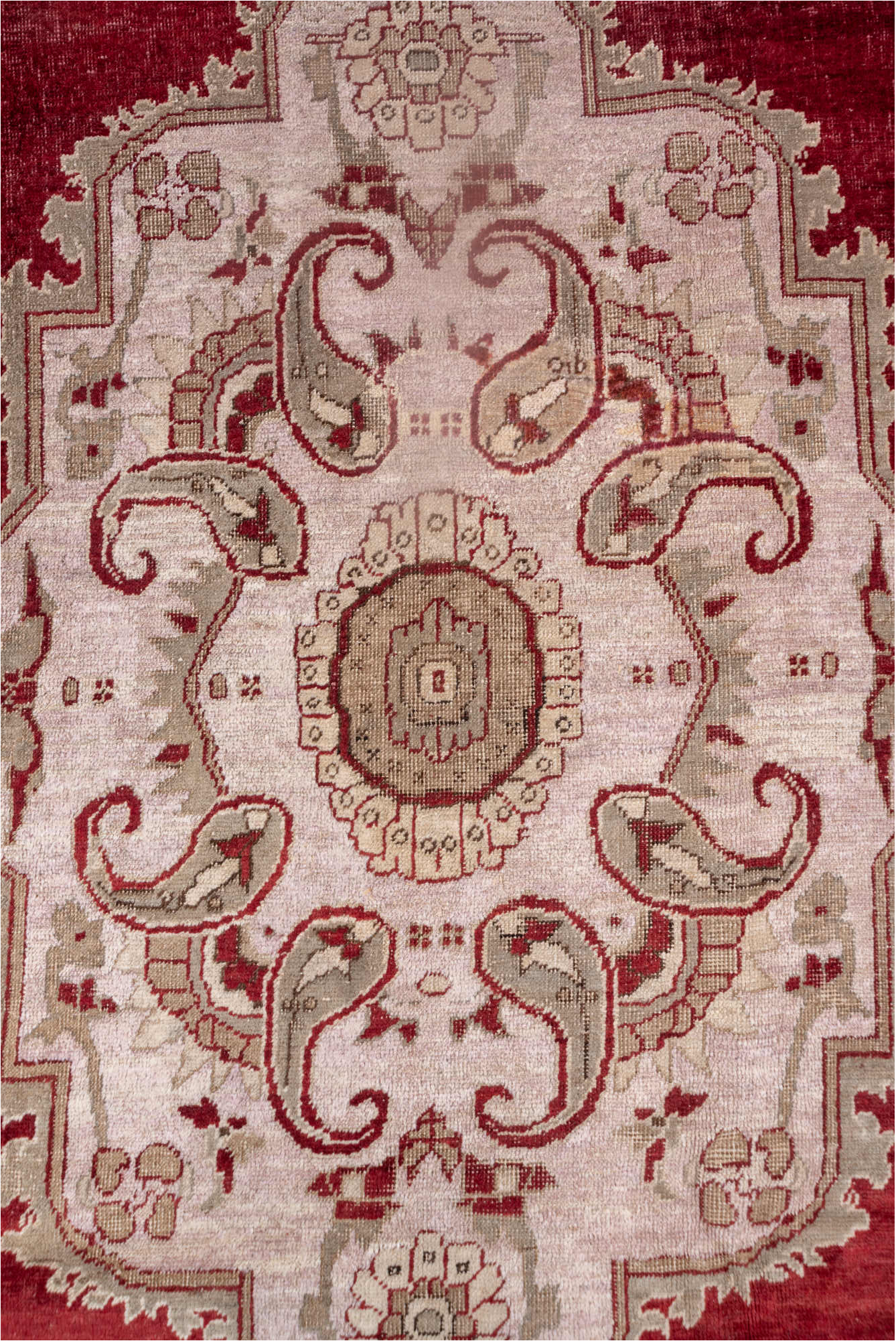 7' x 10' one-of-a-kind handmade vintage Oushak large size rug. Color palette: brown, gray, light gray, off-white, pink, red