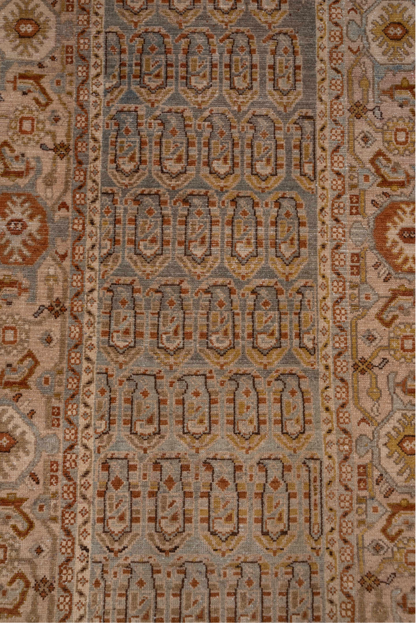 3' x 16' one-of-a-kind handmade vintage Malayer runner rug. Color palette: pink, gray, brown, off-white, white, snow