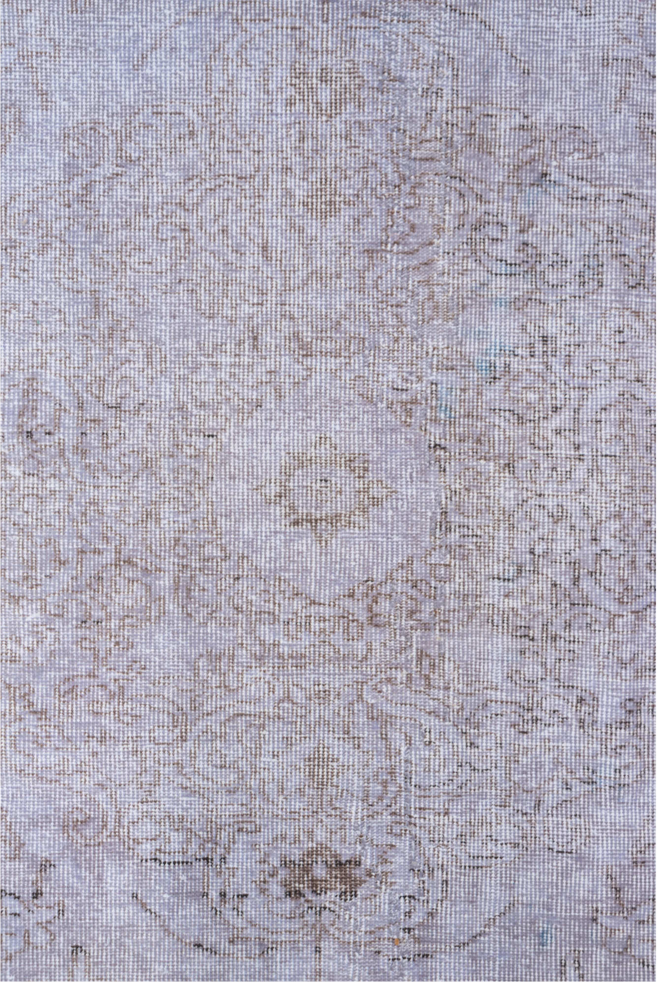6' x 9' one-of-a-kind handmade vintage Overdyed medium size rug. Color palette: gainsboro, gray, light gray, off-white, pink