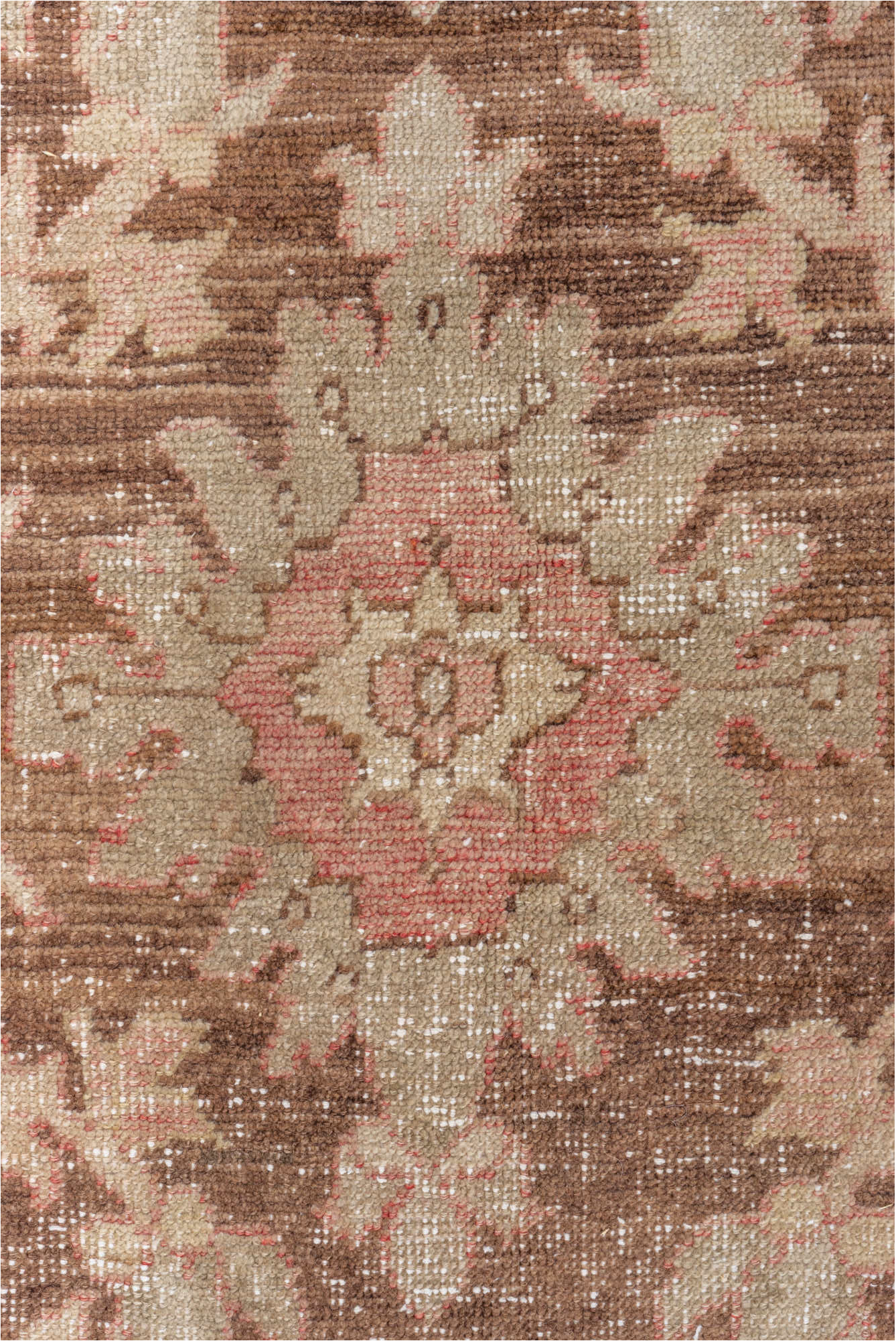 7' x 12' one-of-a-kind handmade vintage Oushak large size rug. Color palette: brown, gray, light gray, off-white, pink