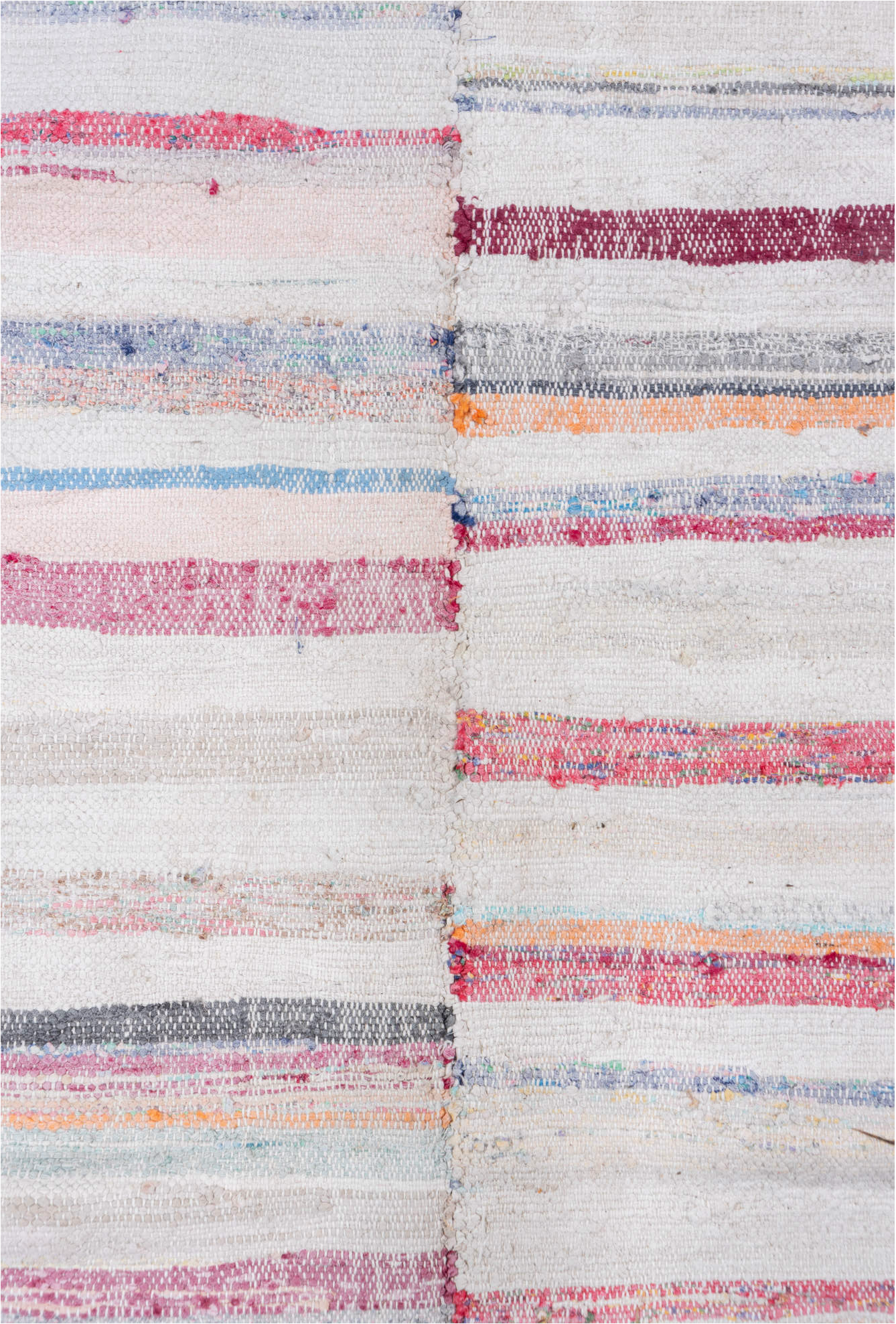 7' x 8' one-of-a-kind handmade vintage Rag Rug rug. Color palette: blue, gray, light blue, light gray, off-white, pink