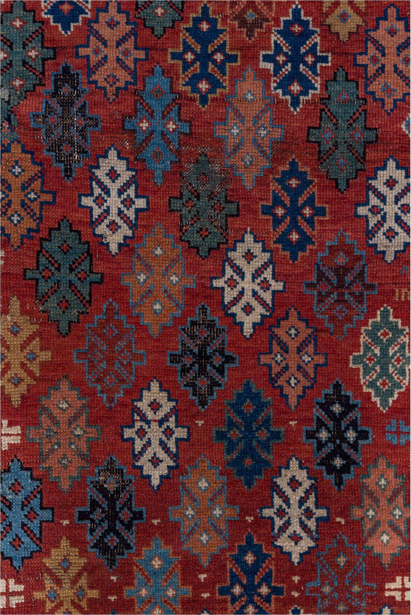 2' x 4' one-of-a-kind handmade vintage Shirvan small size rug. Color palette: black, brown, gray, pink, red