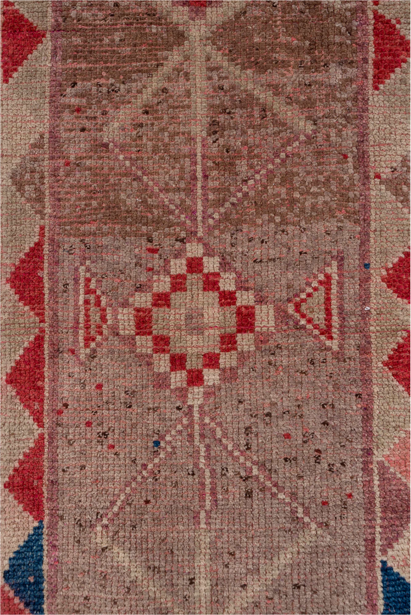 2' x 9' one-of-a-kind handmade vintage Oushak runner rug. Color palette: blue, brown, gray, pink, red