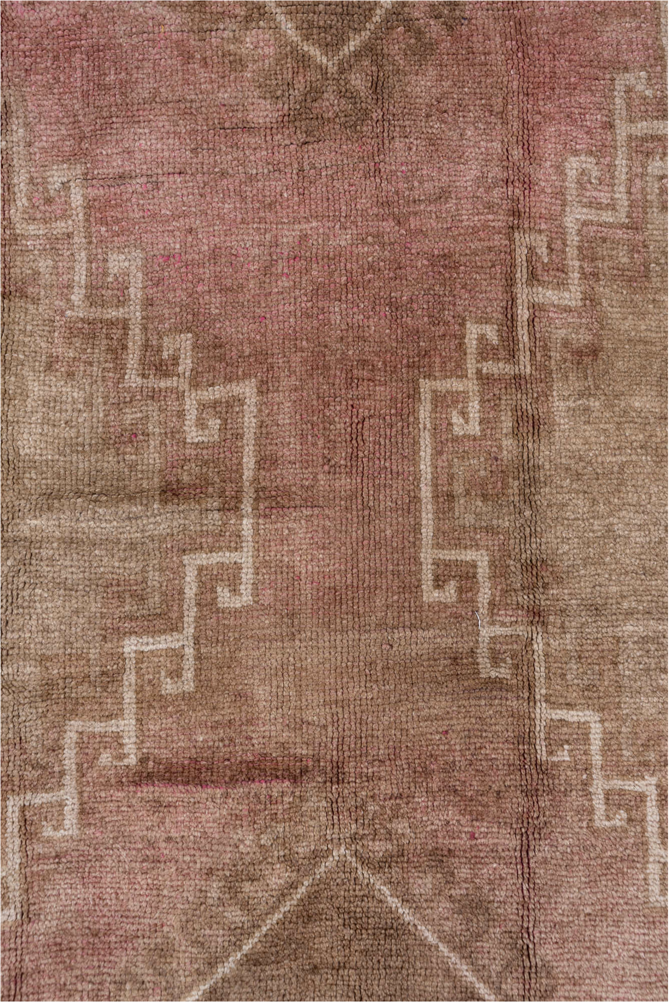 6' x 9' one-of-a-kind handmade vintage Oushak medium size rug. Color palette: brown, gray, light gray, off-white, pink, snow