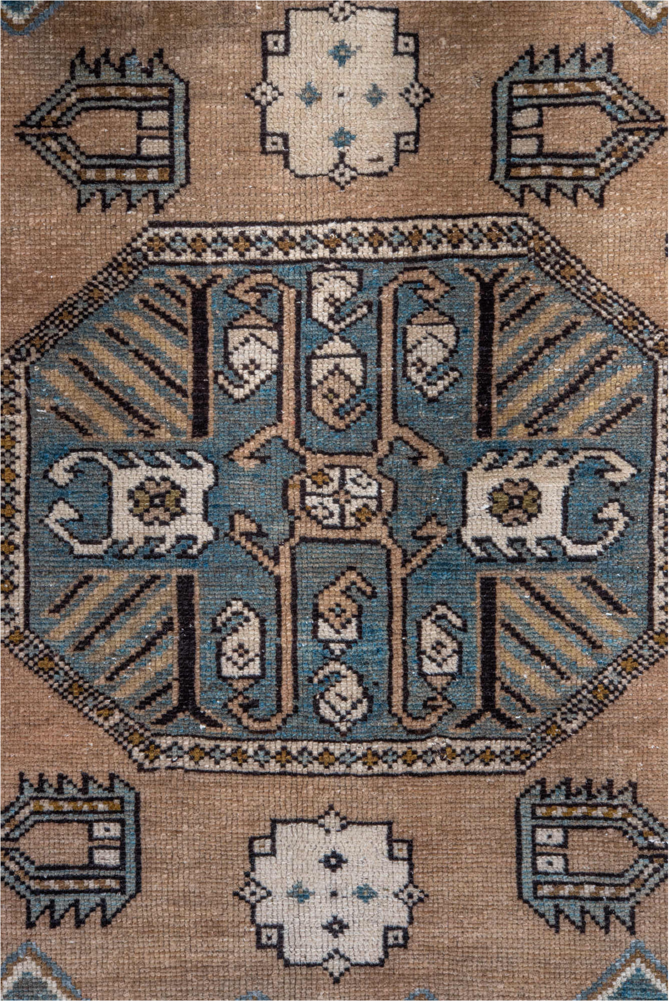 6' x 12' one-of-a-kind handmade vintage Caucasian large size rug. Color palette: black, blue, brown, dim gray, gray