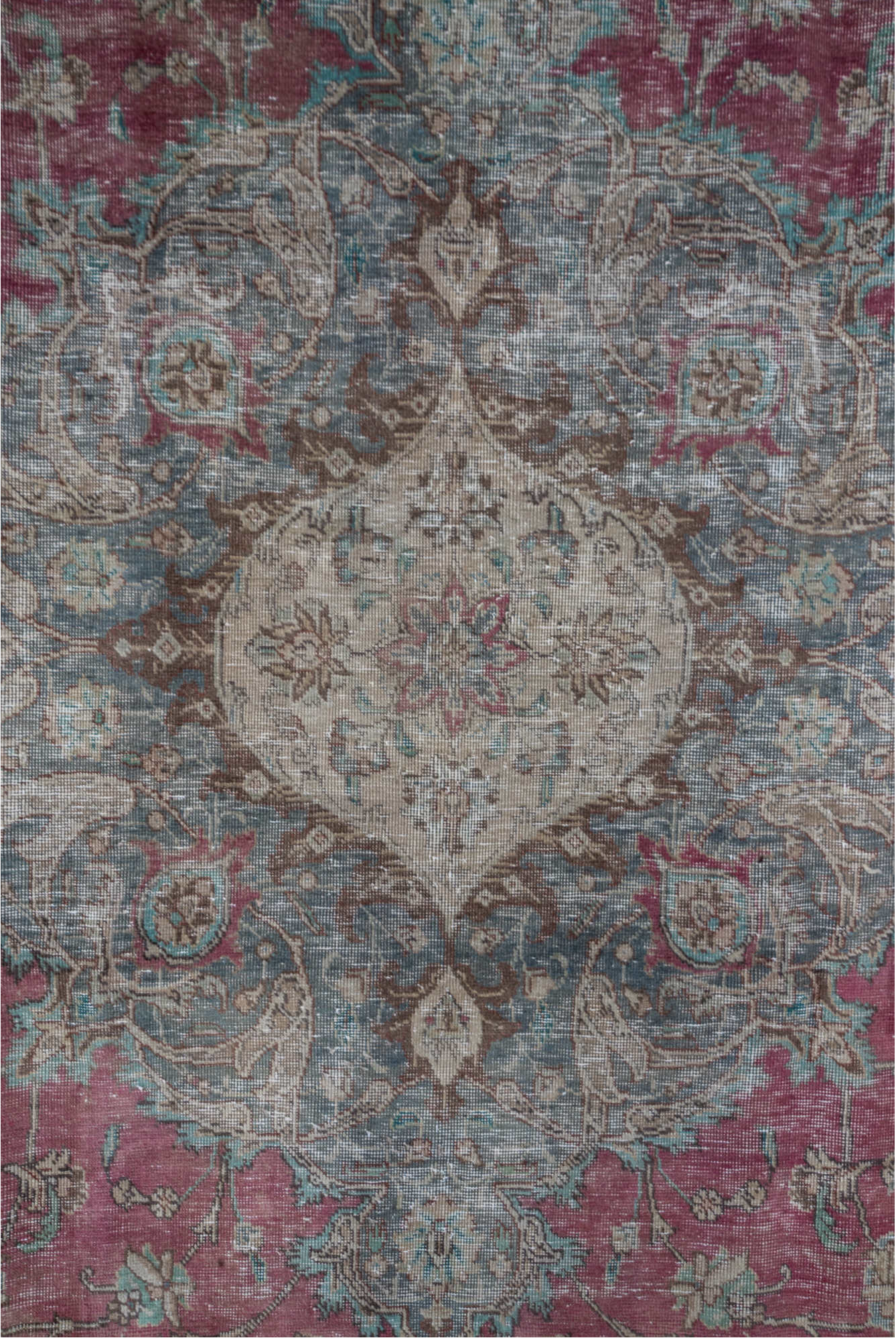 7' x 13' one-of-a-kind handmade vintage Distressed large size rug. Color palette: brown, gray, light gray, pink, red