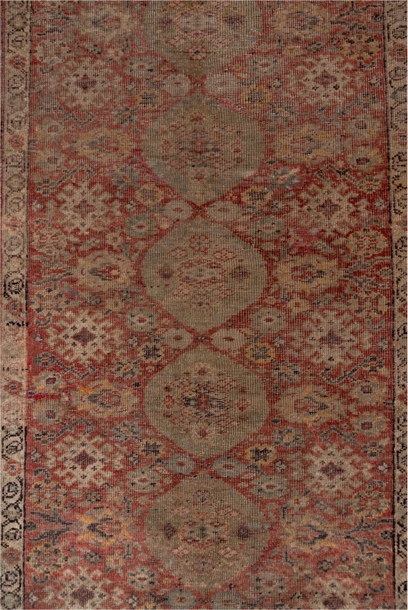 4' x 12' one-of-a-kind handmade vintage Oushak runner rug. Color palette: brown, gray, light gray, off-white, pink, red