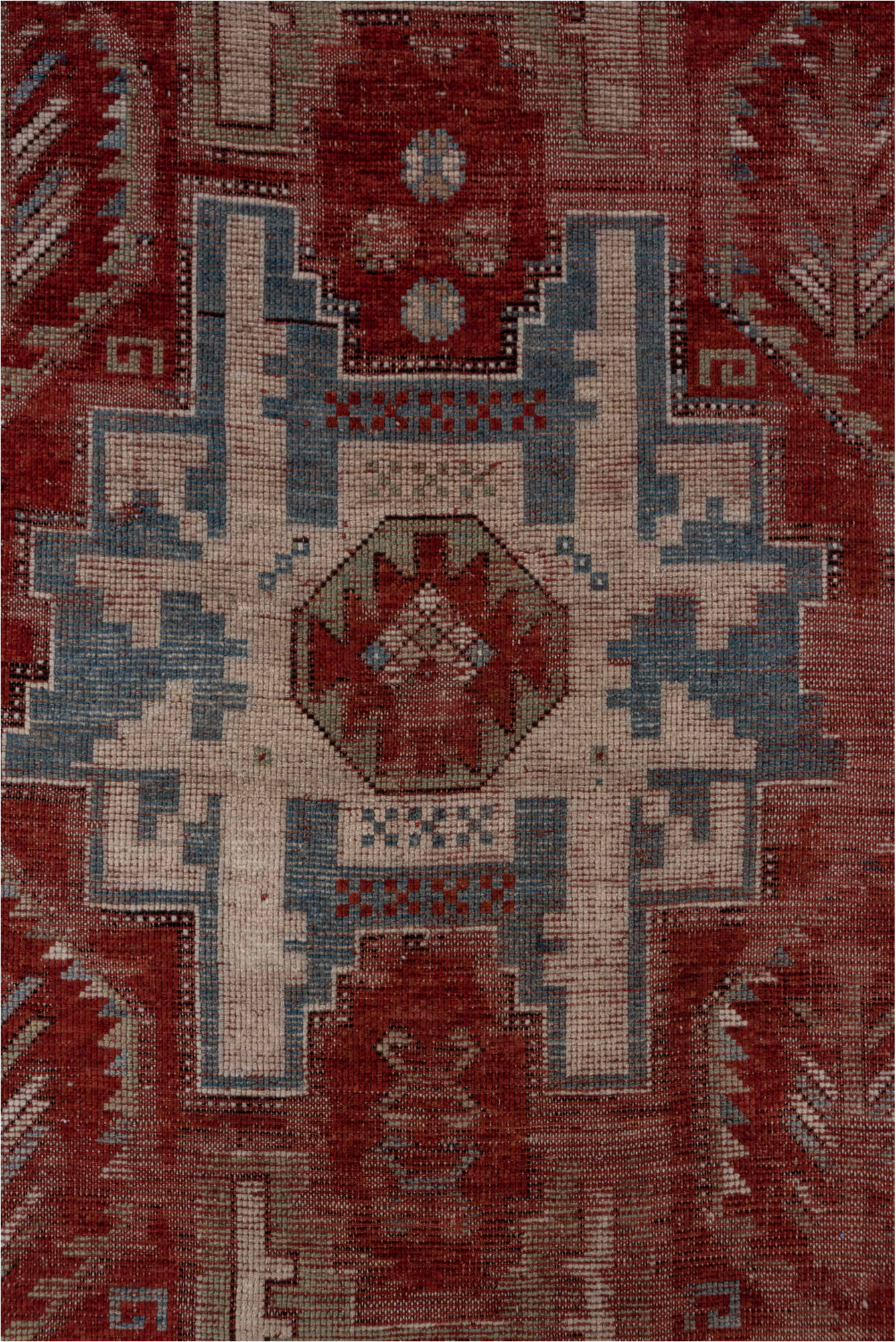 4' x 9' one-of-a-kind handmade vintage Kazak runner rug. Color palette: brown, dim gray, gray, light gray, pink, red