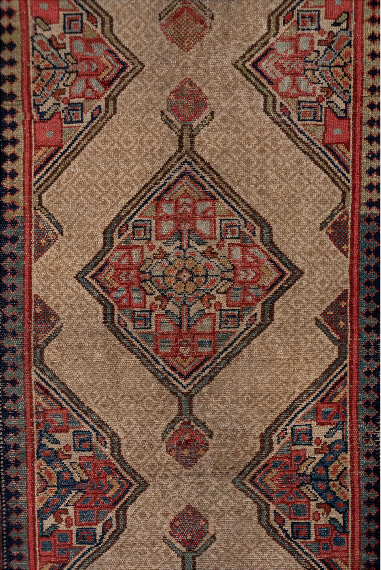 3' x 16' one-of-a-kind handmade vintage Cam Hamadan runner rug. Color palette: blue, brown, gray, light gray, pink, red