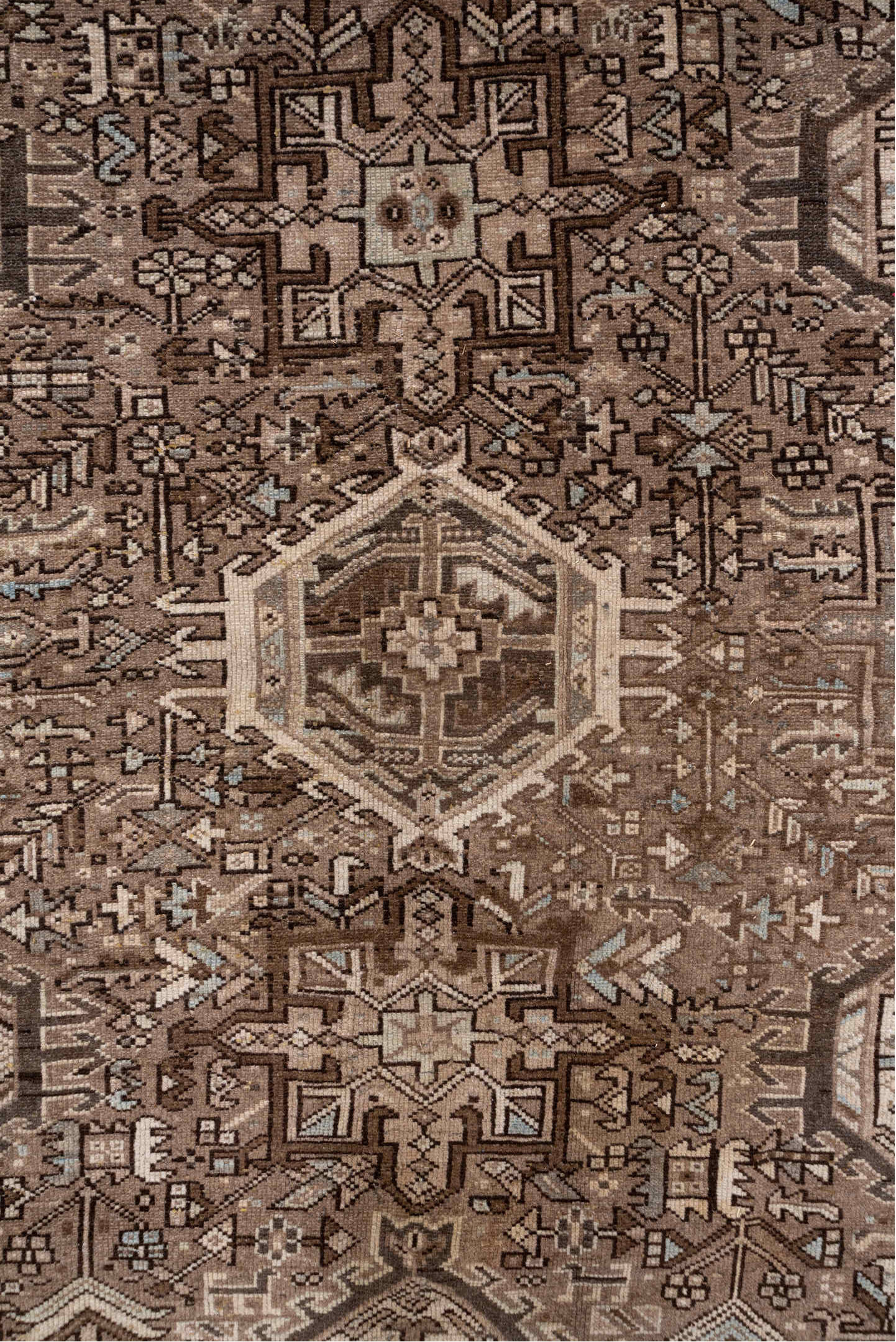 8' x 11' one-of-a-kind handmade vintage Karaje large size rug. Color palette: brown, gray, light gray, pink, dark gray