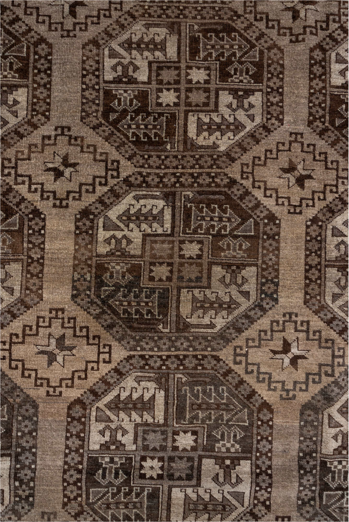 7' x 9' one-of-a-kind handmade vintage Afghan rug. Color palette: brown, gray, off-white, pink, snow, white, whitesmoke