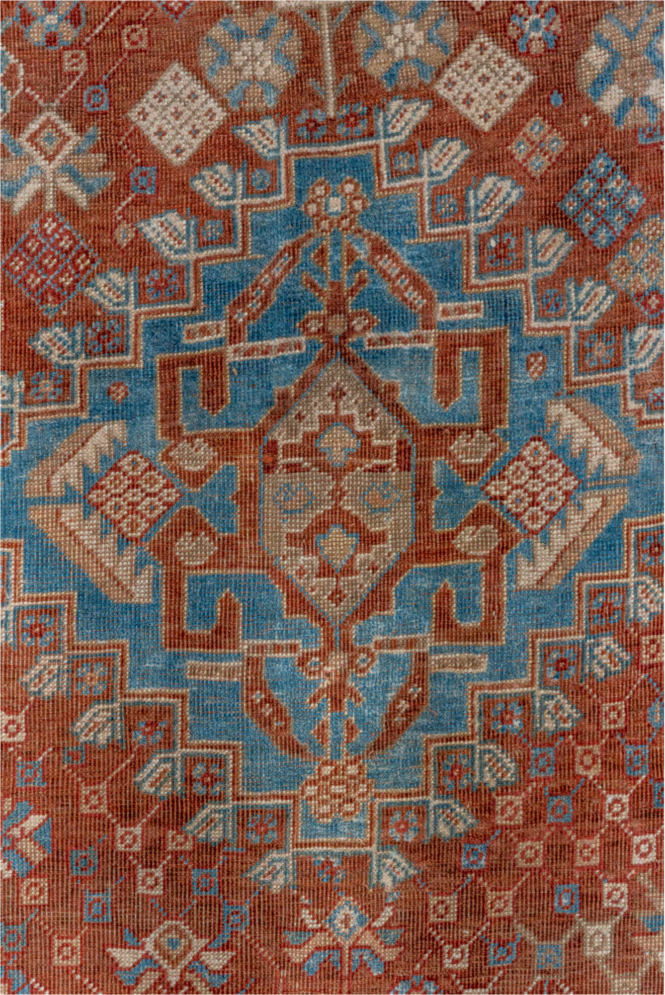 5' x 9' one-of-a-kind handmade vintage Qashqai medium size rug. Color palette: arapawa, blue, brown, dark gray, gray