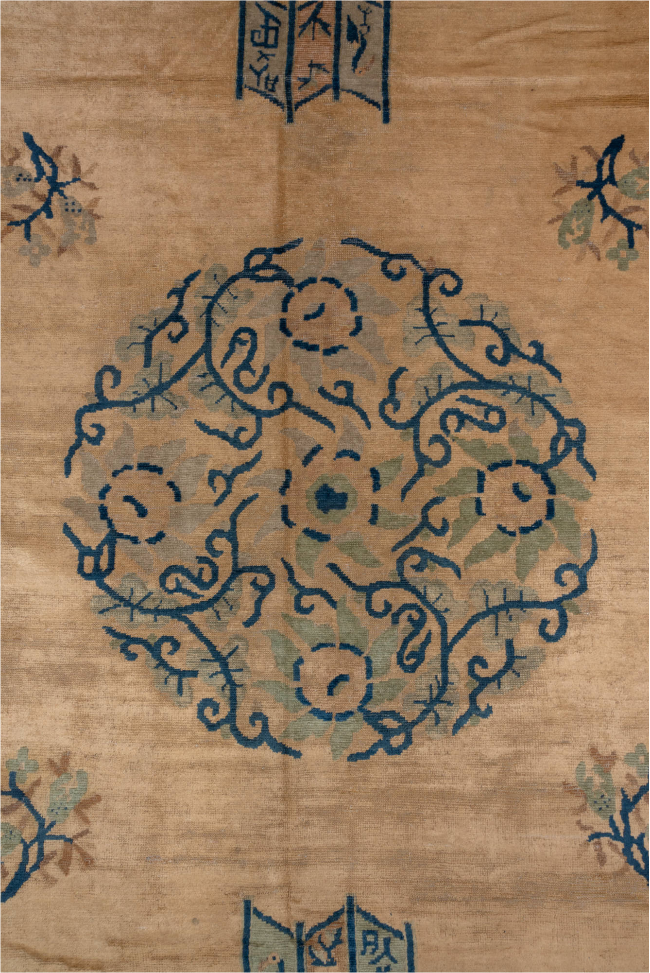 8' x 11' one-of-a-kind handmade vintage Chinese large size rug. Color palette: arapawa, blue, brown, burlywood, dim gray