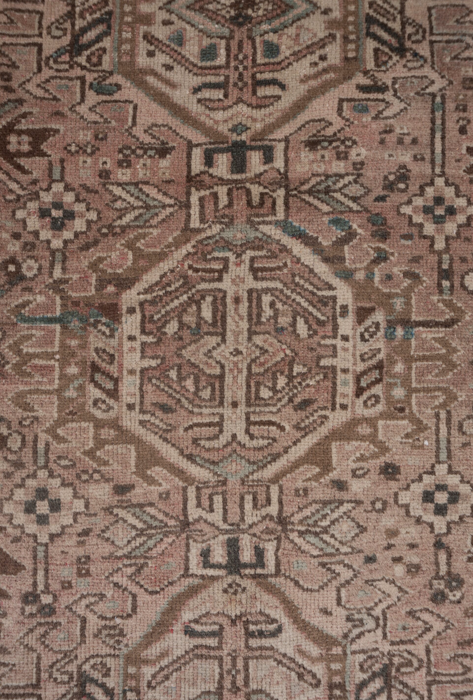 7' x 10' one-of-a-kind handmade vintage Karaje large size rug. Color palette: pink, gray, off-white, brown, light gray