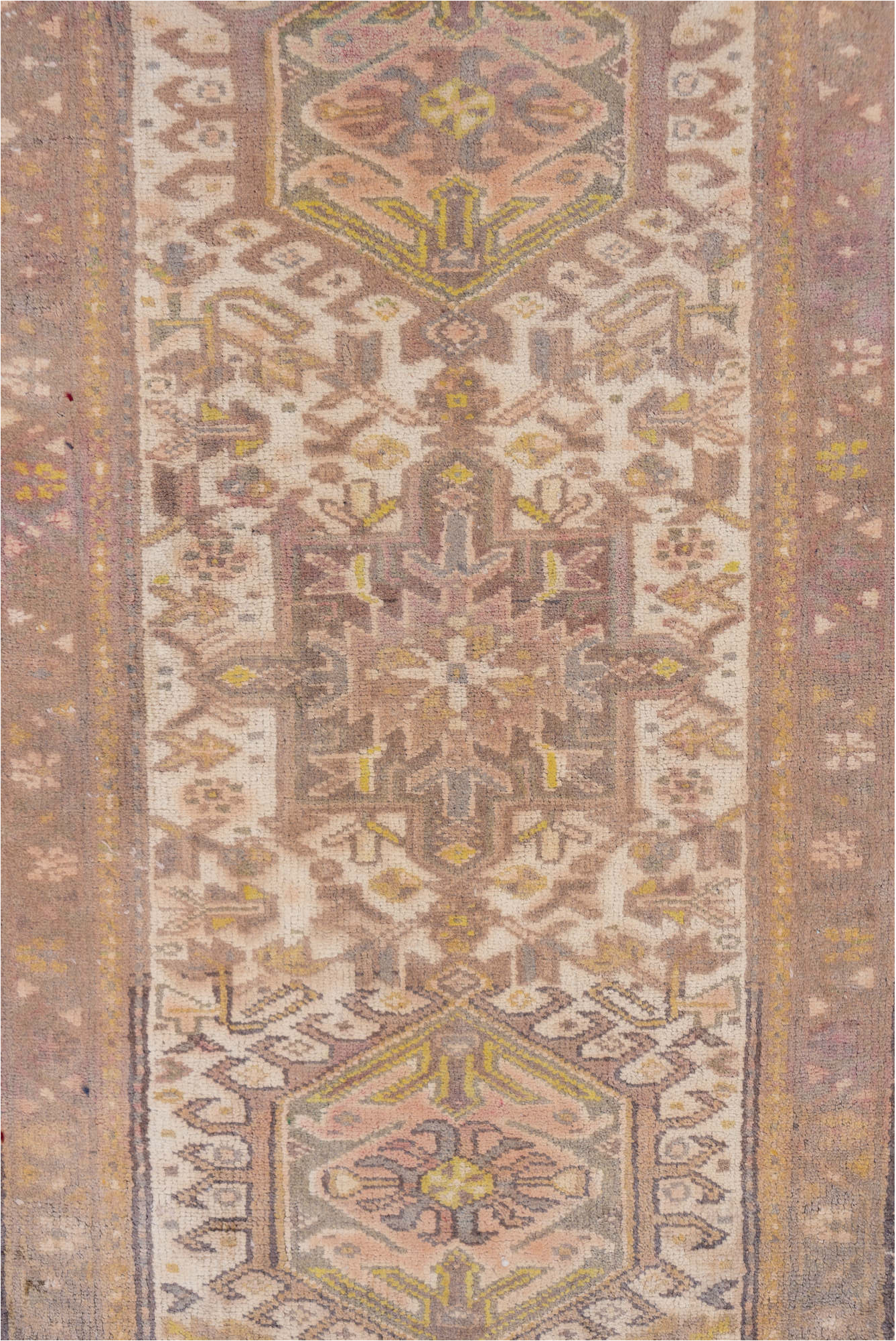 2' x 10' one-of-a-kind handmade vintage Karaje runner rug. Color palette: brown, gray, light gray, off-white, pink, snow