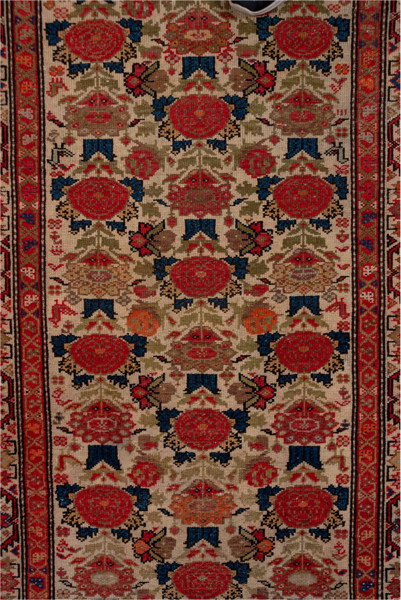 3' x 17' one-of-a-kind handmade vintage Malayer runner rug. Color palette: blue, brown, gray, pink, red