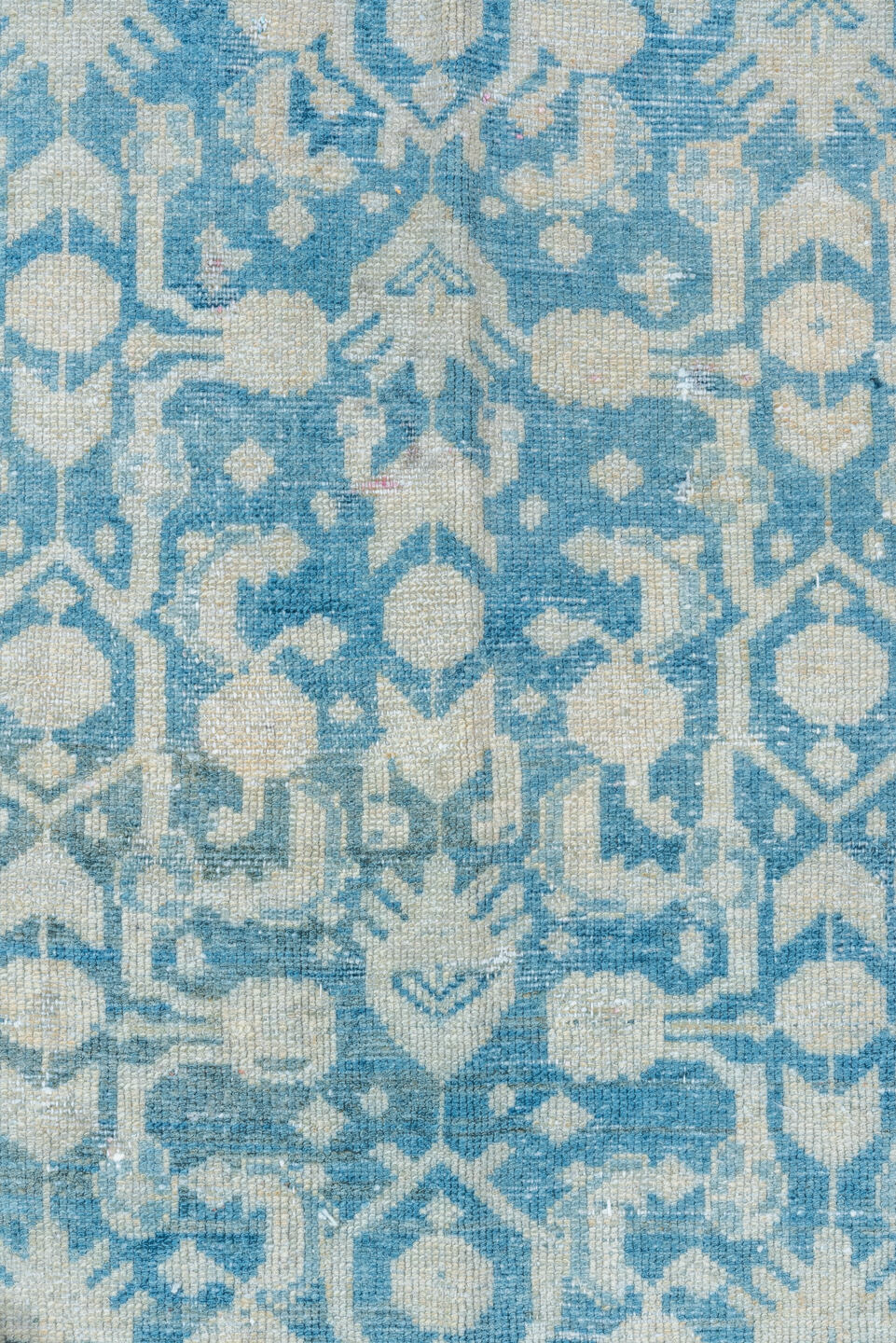 3' x 6' one-of-a-kind handmade vintage Malayer small size rug. Color palette: gray, light gray, off-white, blue, light blue