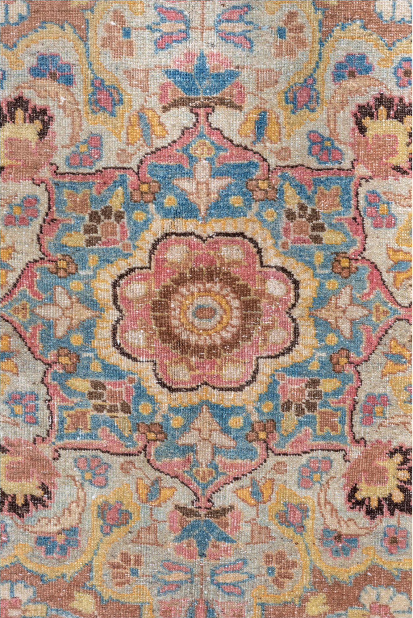 4' x 5' one-of-a-kind handmade vintage Tabriz small size rug. Color palette: blue, brown, gray, light gray, off-white