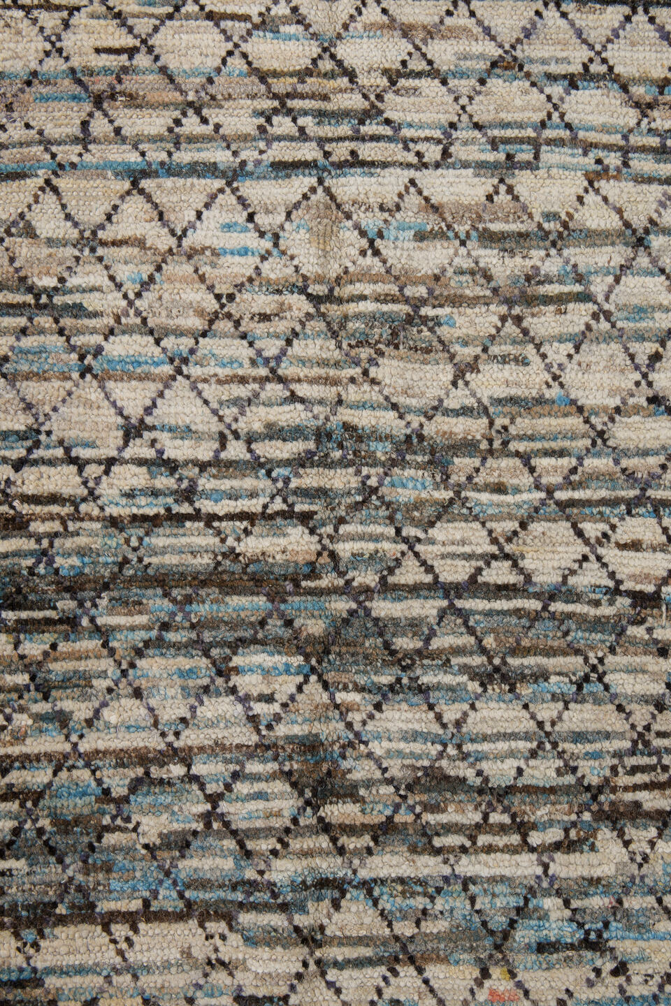 2' x 9' one-of-a-kind handmade vintage Tulu runner rug. Color palette: black, blue, brown, dark gray, gray, light gray
