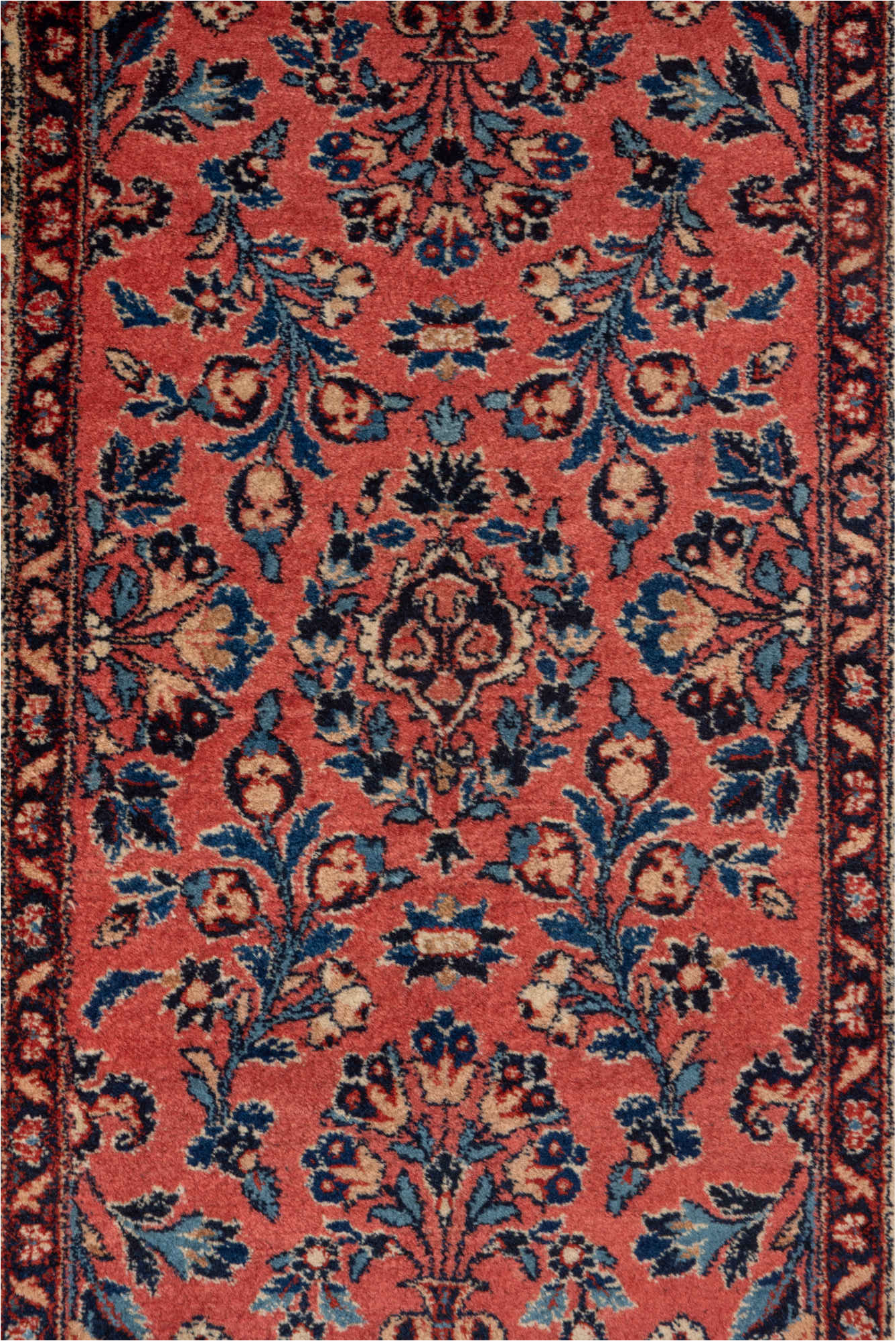 2' x 4' one-of-a-kind handmade vintage Kashan small size rug. Color palette: black, blue, brown, gray, orange, pink, red