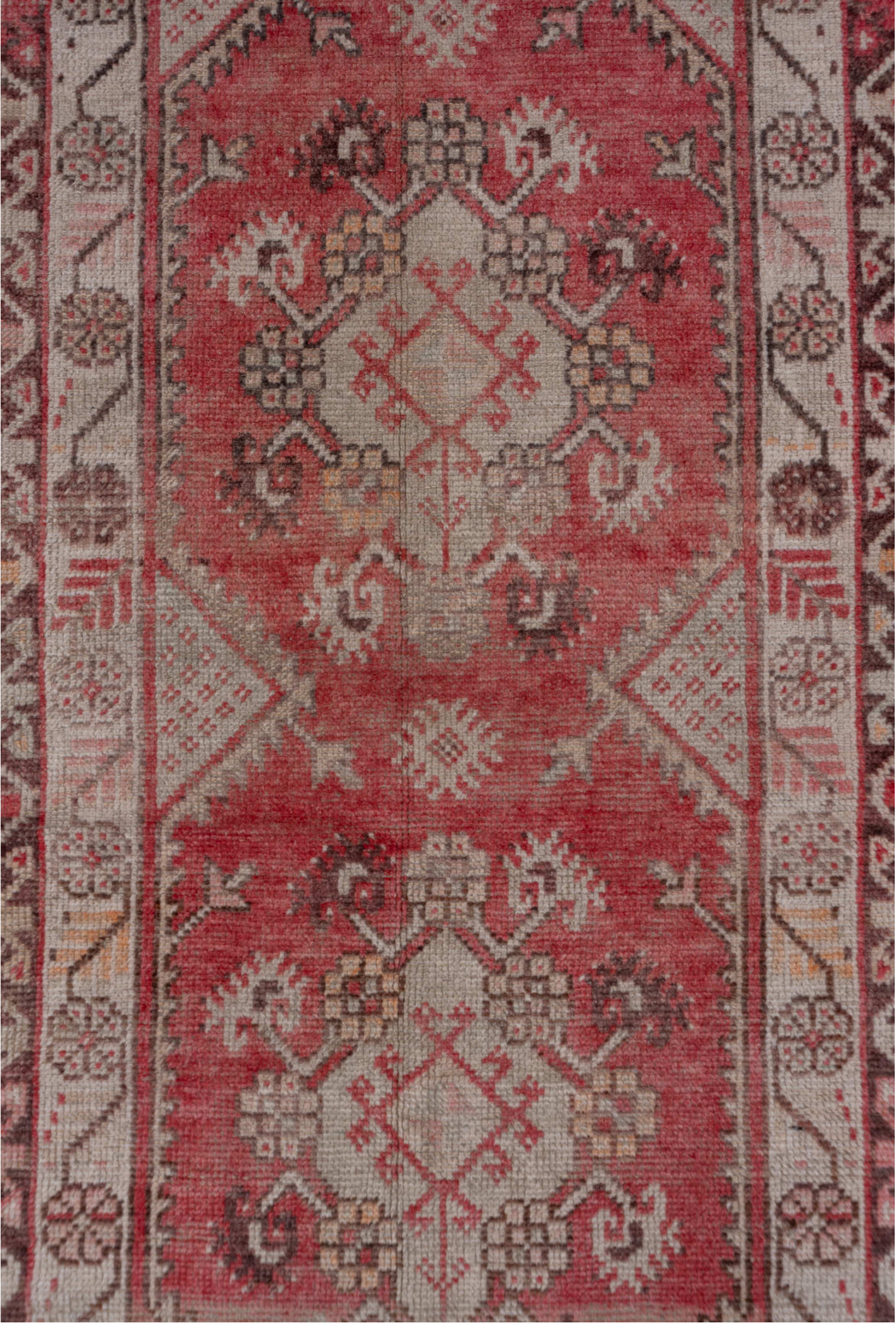3' x 10' one-of-a-kind handmade vintage Oushak runner rug. Color palette: pink, gray, light gray, off-white, brown, red