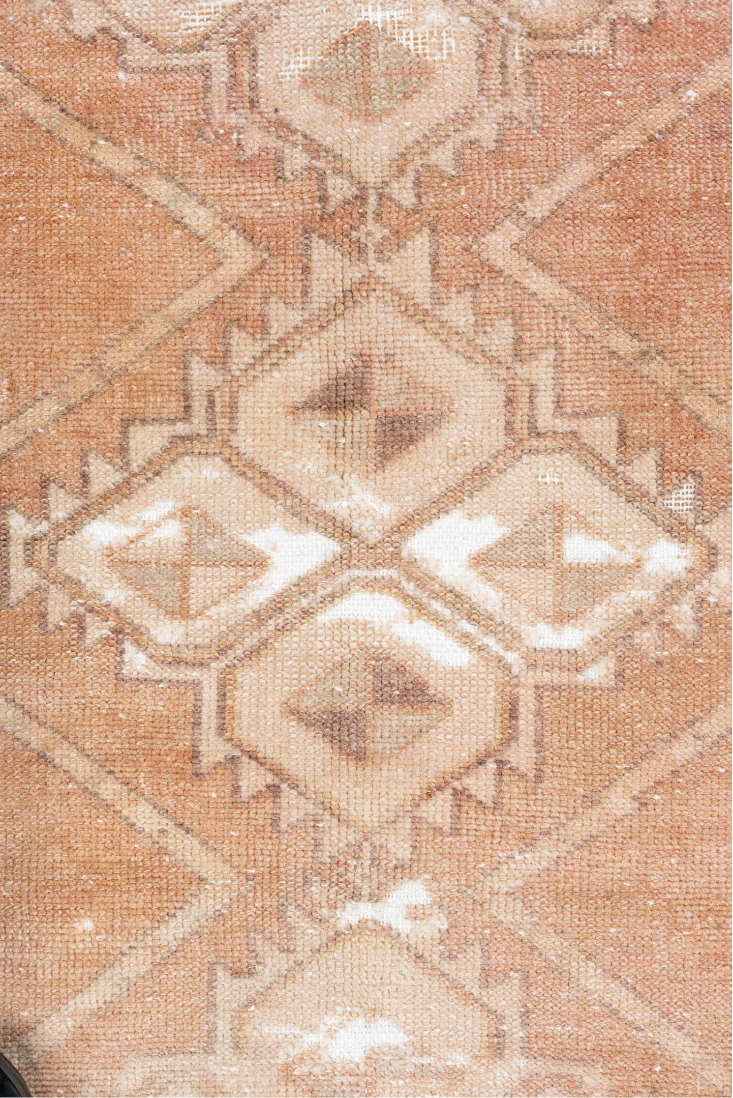 2' x 12' one-of-a-kind handmade vintage Oushak runner rug. Color palette: pink, brown, off-white, orange, white, snow