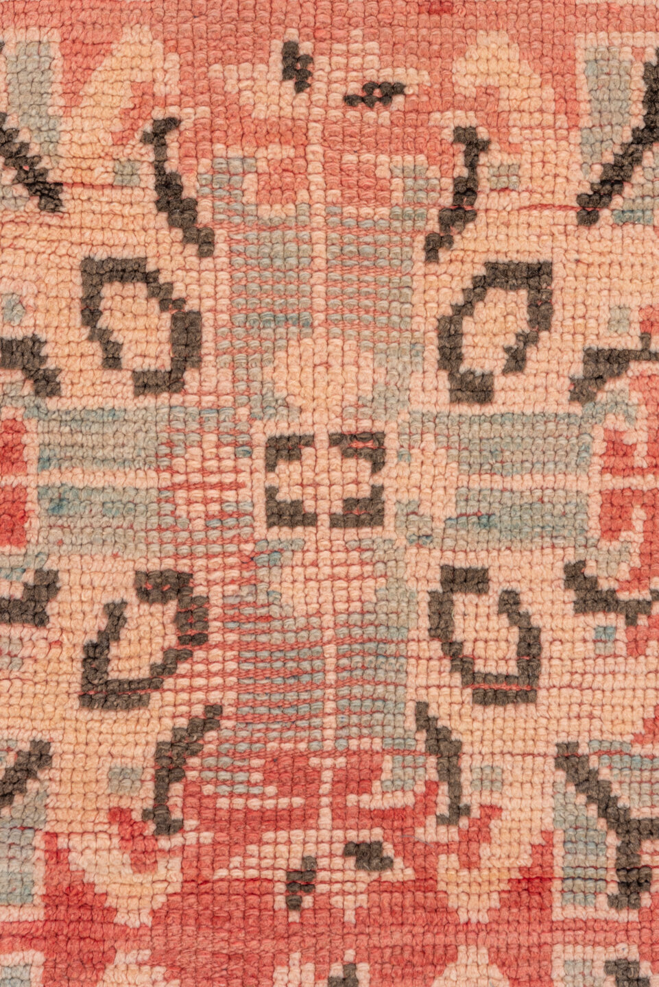 3' x 11' one-of-a-kind handmade vintage Moroccan runner rug. Color palette: pink, brown, orange, gray, blue, off-white, red