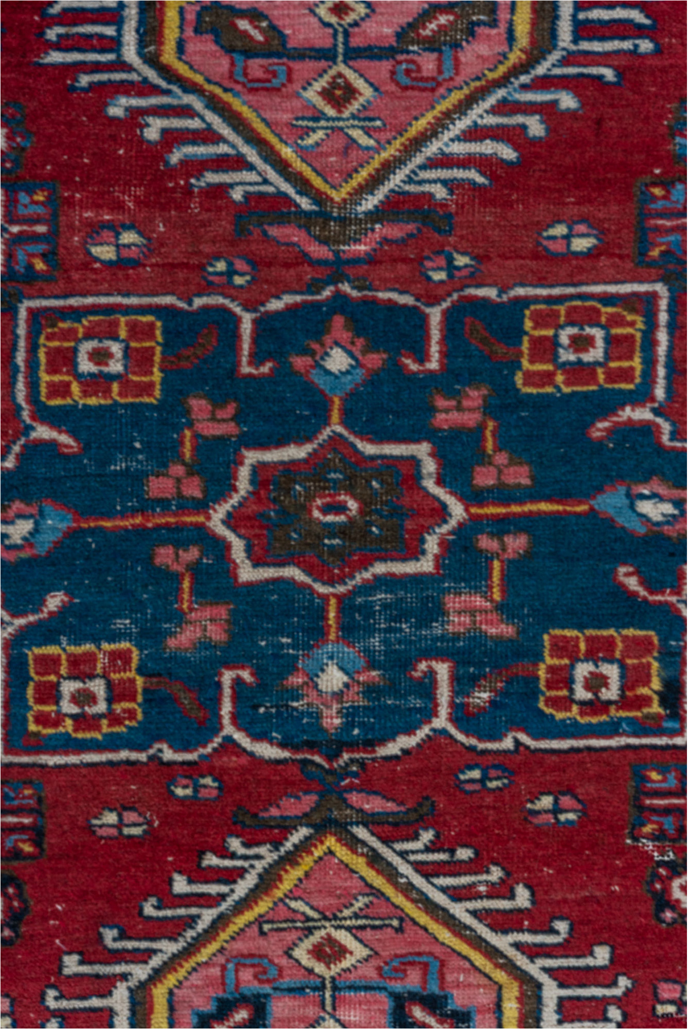 2' x 3' one-of-a-kind handmade vintage Heriz small size rug. Color palette: gray, red, brown, blue, black, pink
